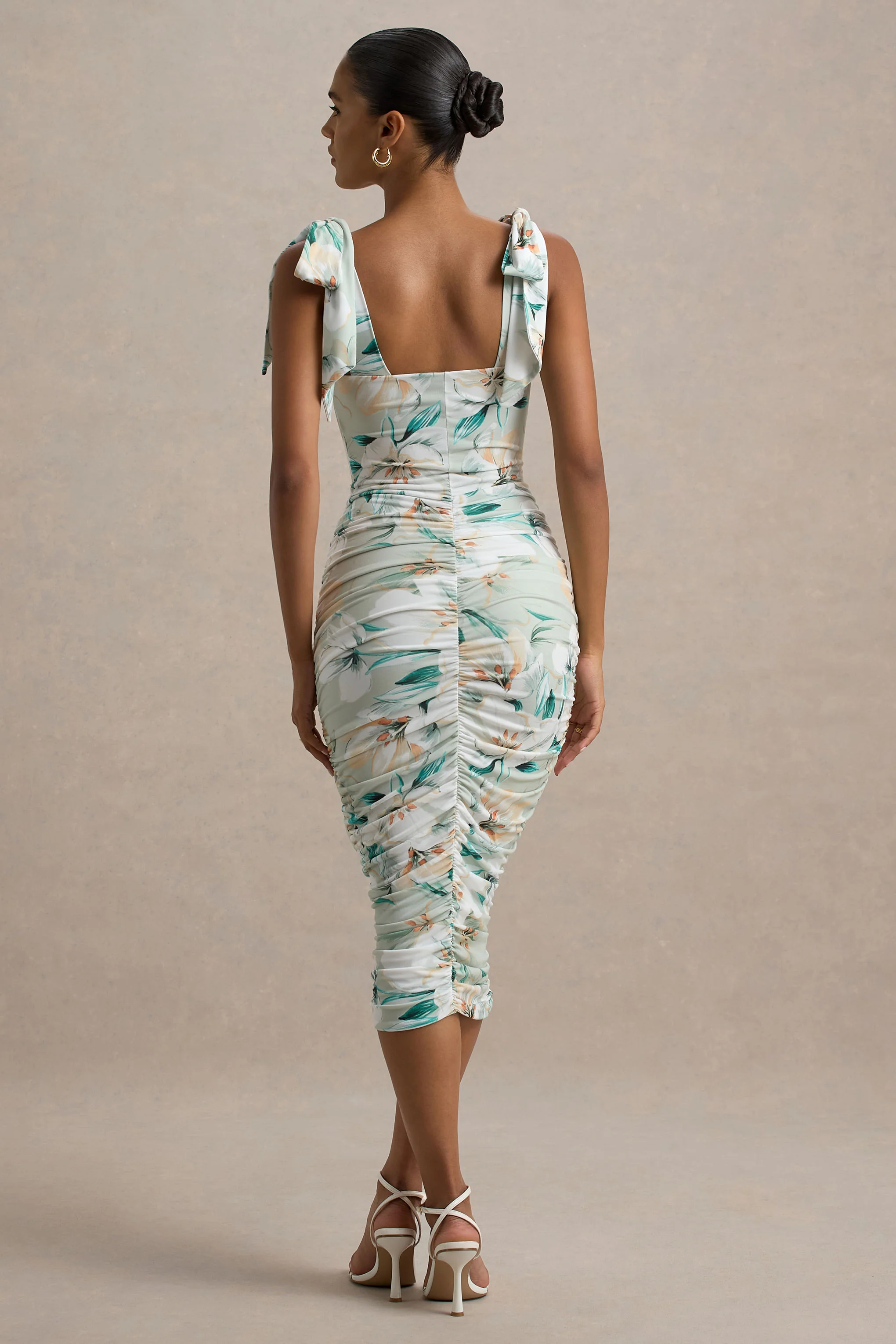 Cordelia | Green Floral Print Bodycon Midi Dress With Bow Straps