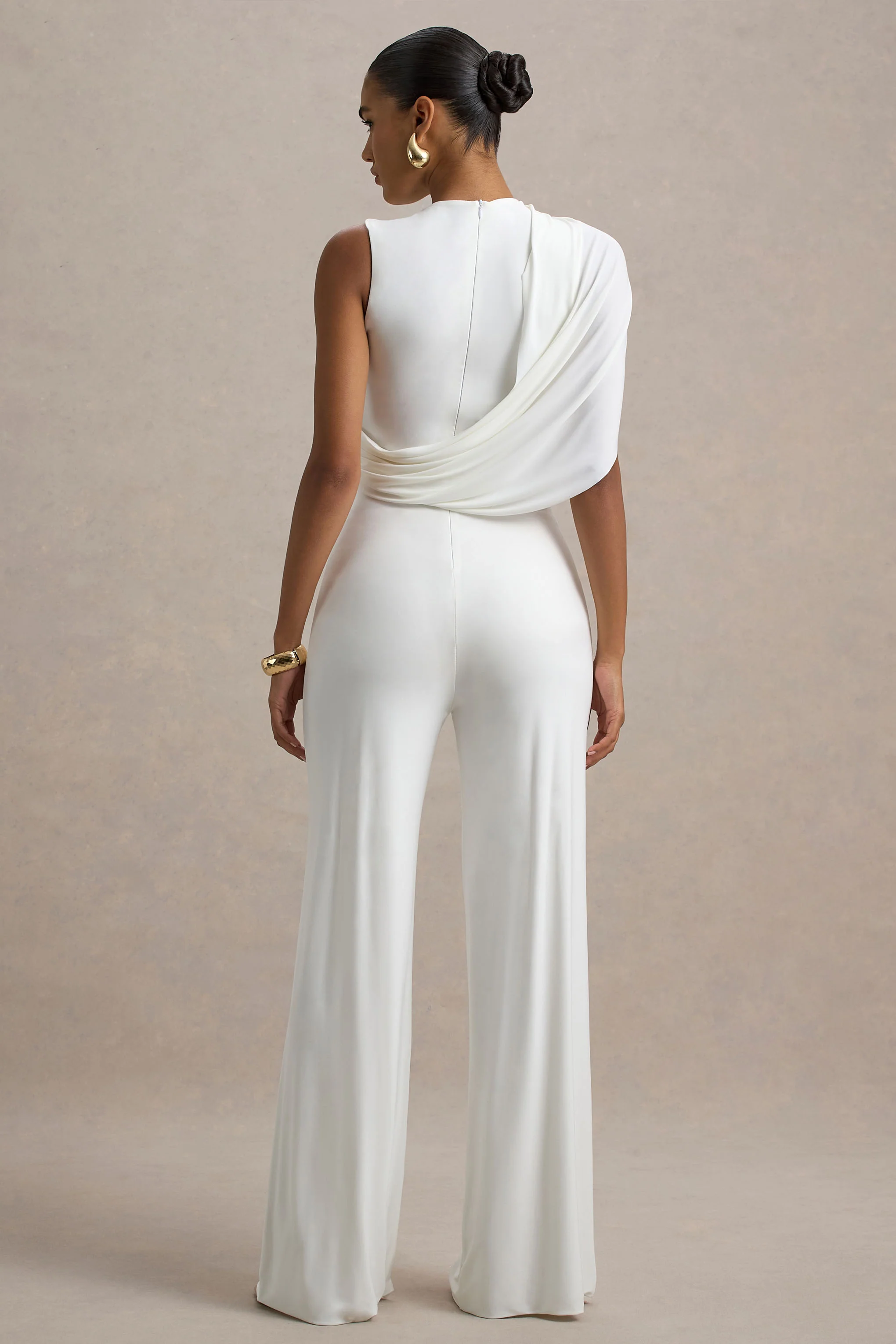 Opulence | White Jumpsuit With Cape Sleeve and Draped Details