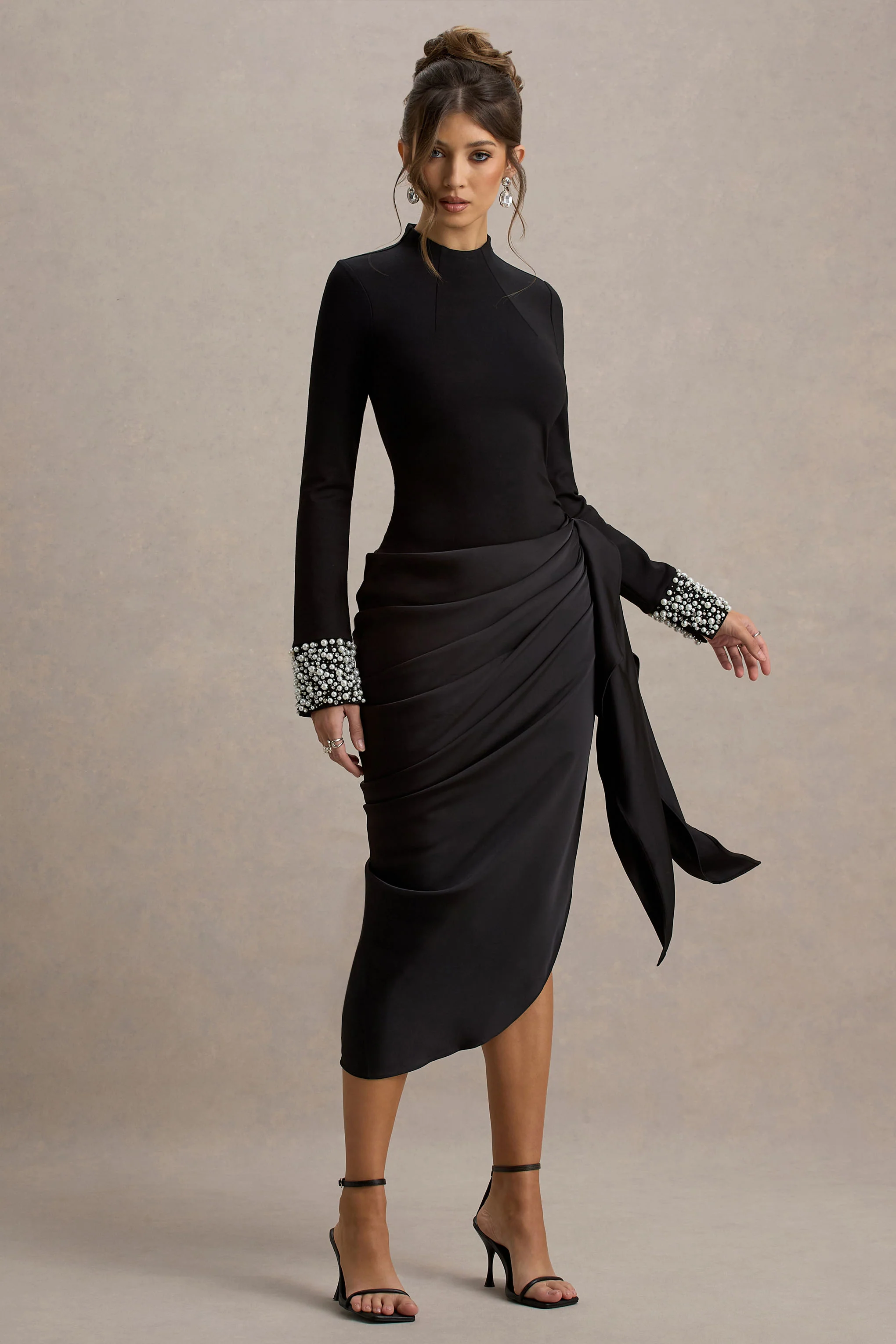 Luanna | Black Satin Long-Sleeve Midi Dress With Draped Skirt