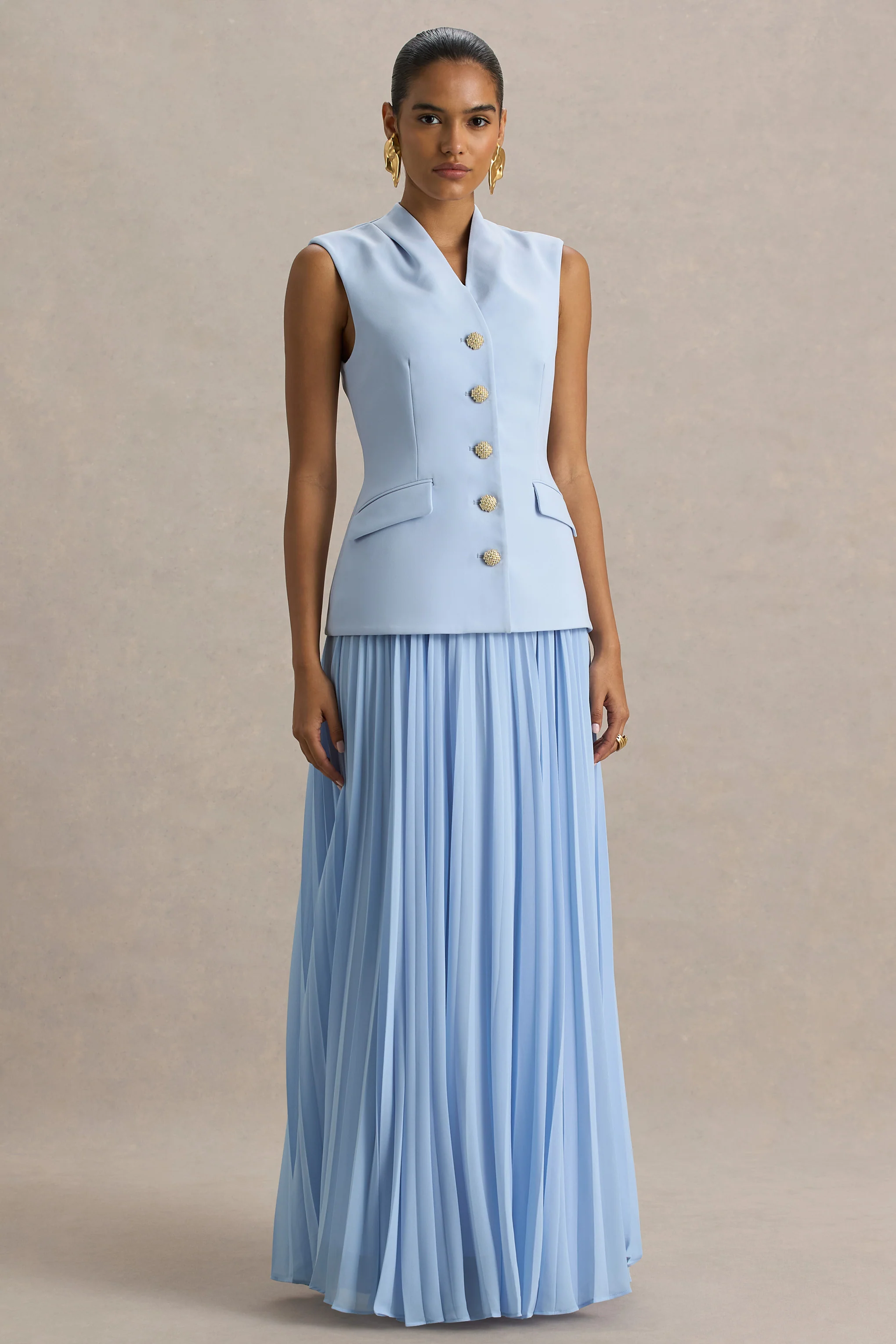 Heavenly | Powder Blue High Neck Maxi Dress With Pleated Detailing