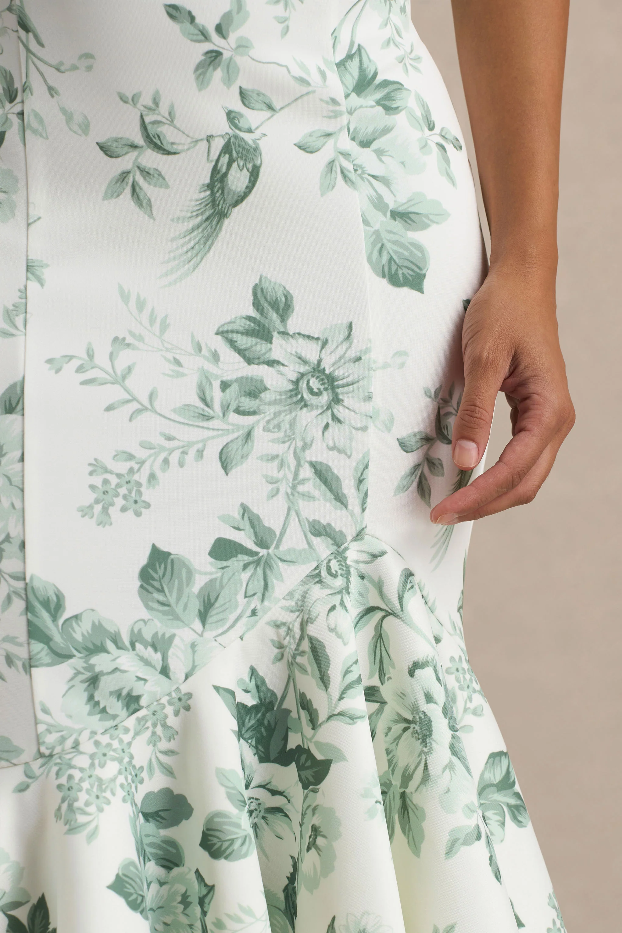 Priceless | Green Porcelain Print Print High-Neck Fishtail Midi Dress