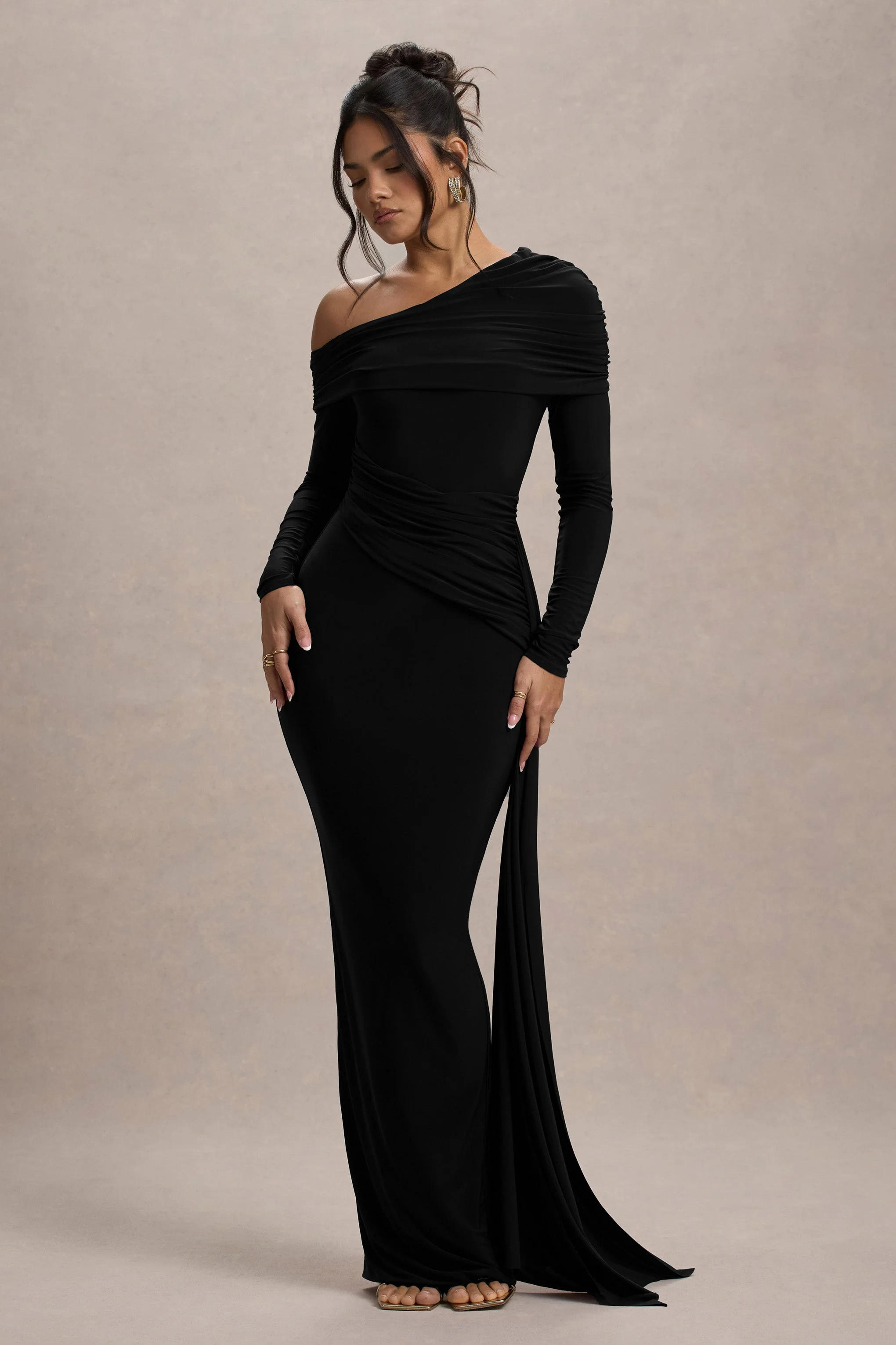 Valina | Black Ruched Asymmetric Maxi Dress With Drape