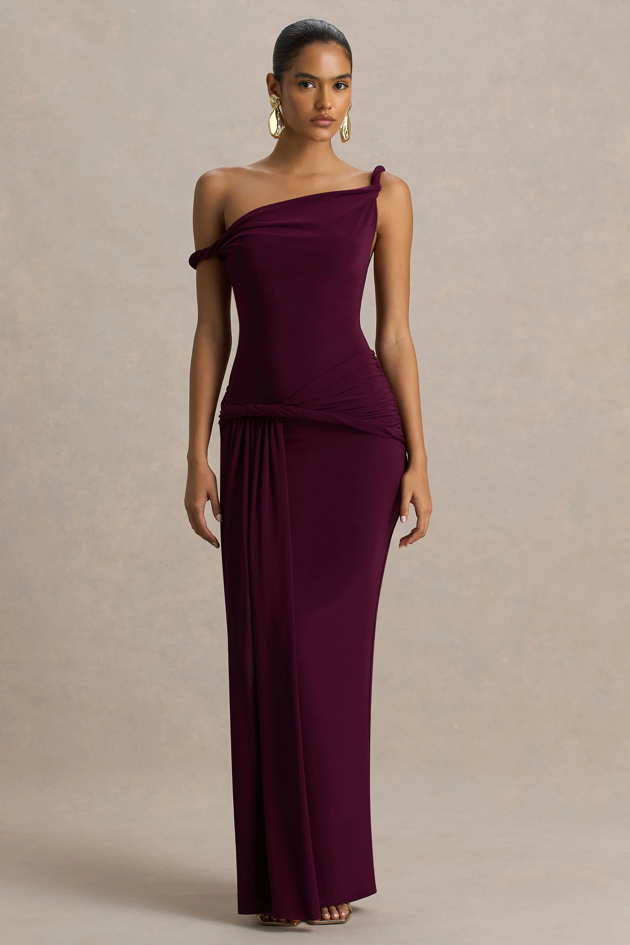 Tulisa | Burgundy Asymmetric-Neck Maxi Dress With Twist Sleeves And Ruched Detailing