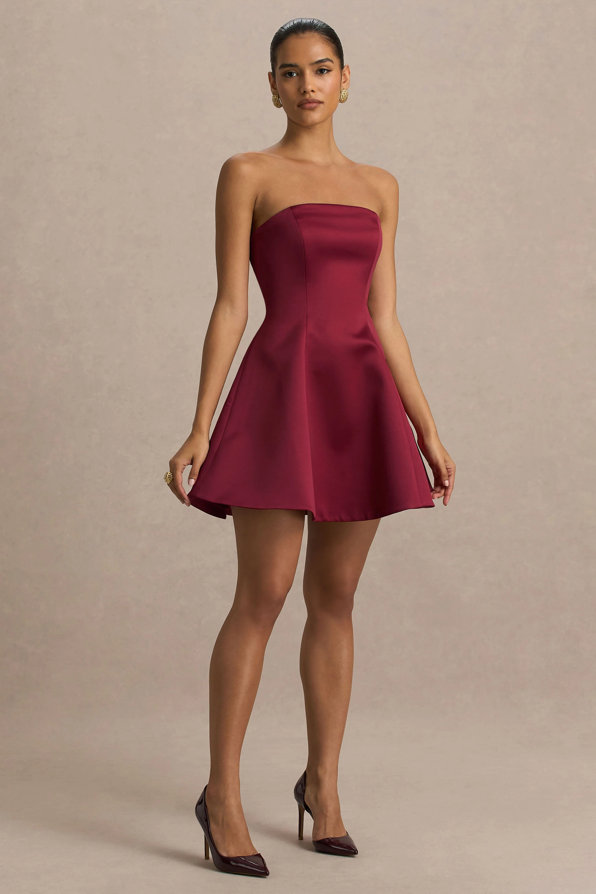 Lioray | Burgundy Satin Bandeau-Neck A-Line Mini Dress