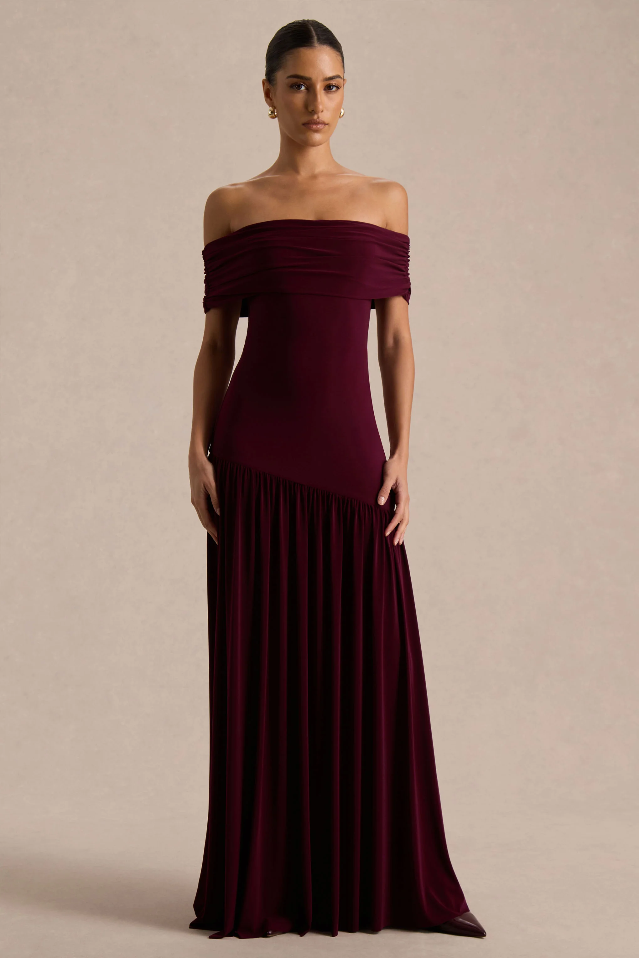 Venezia | Burgundy Bardot Puff-Skirt Maxi Dress
