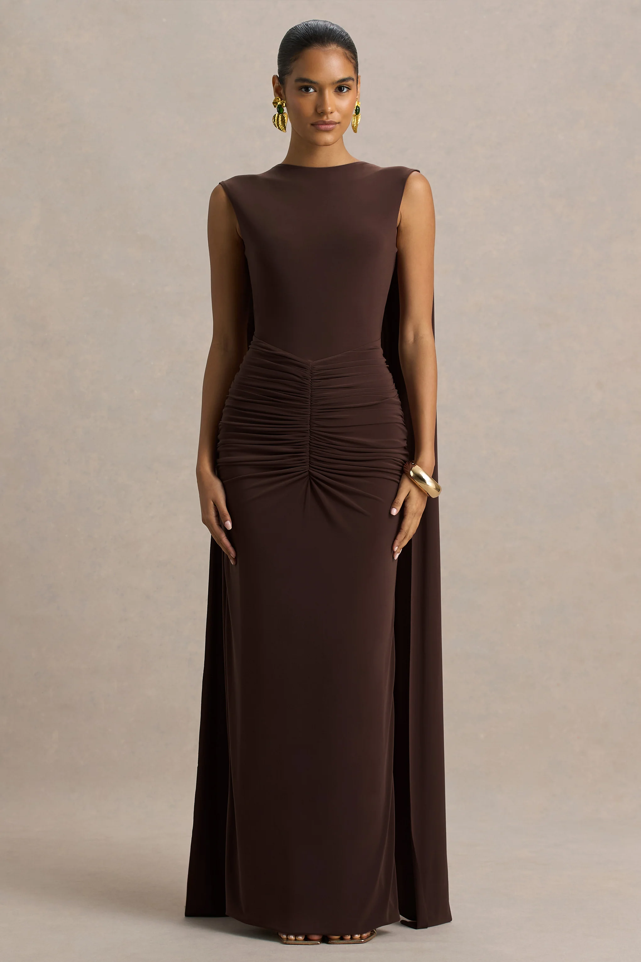 Premiere | Brown Boat-Neck Maxi Dress With Cape Sleeves And Open-Back