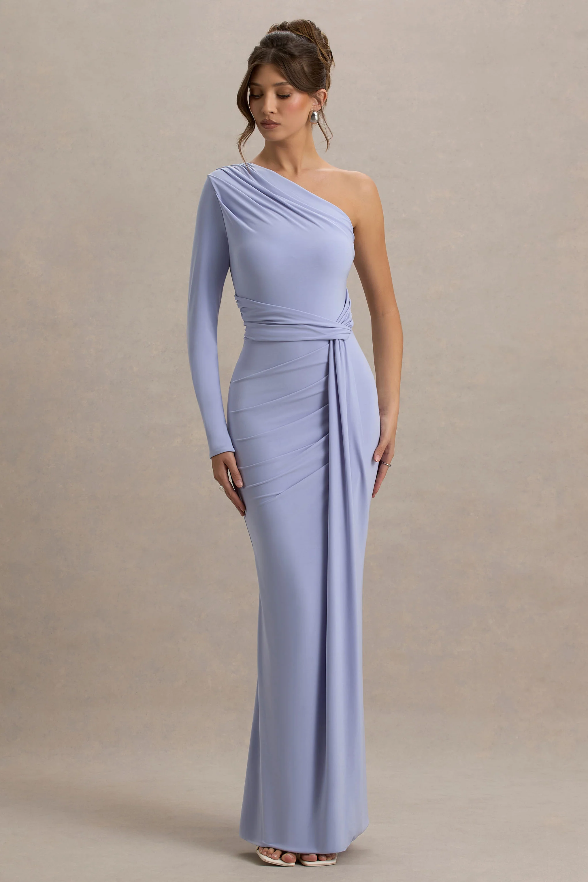 Sanya | Pale Blue Asymmetric One Sleeve Wrap Maxi Dress with Drape