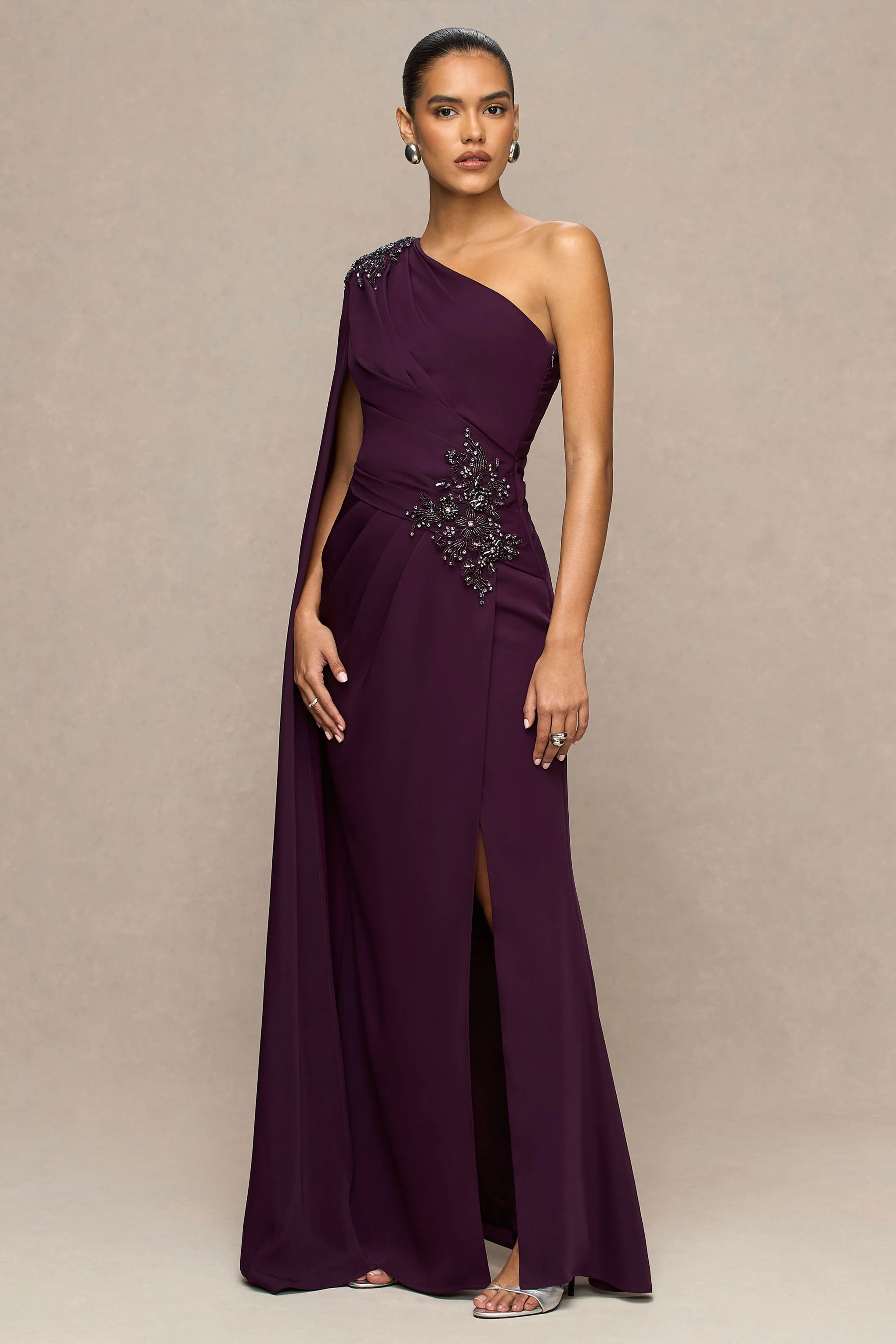 Solace | Dark Plum Asymmetric-Neck Maxi Dress With Front-High Split