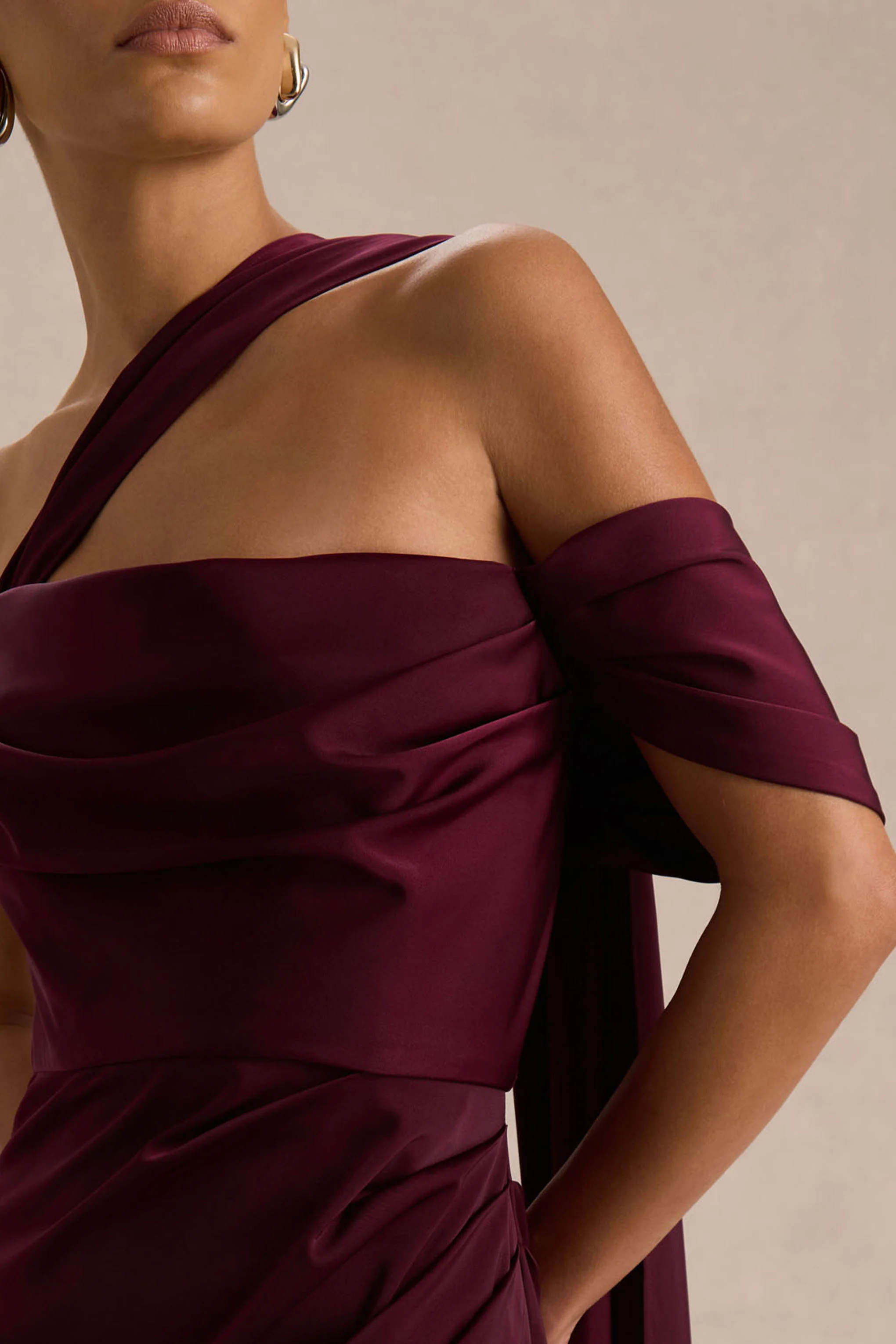 Yazmin | Burgundy Satin Asymmetric Maxi Dress With One-Sleeve Cape