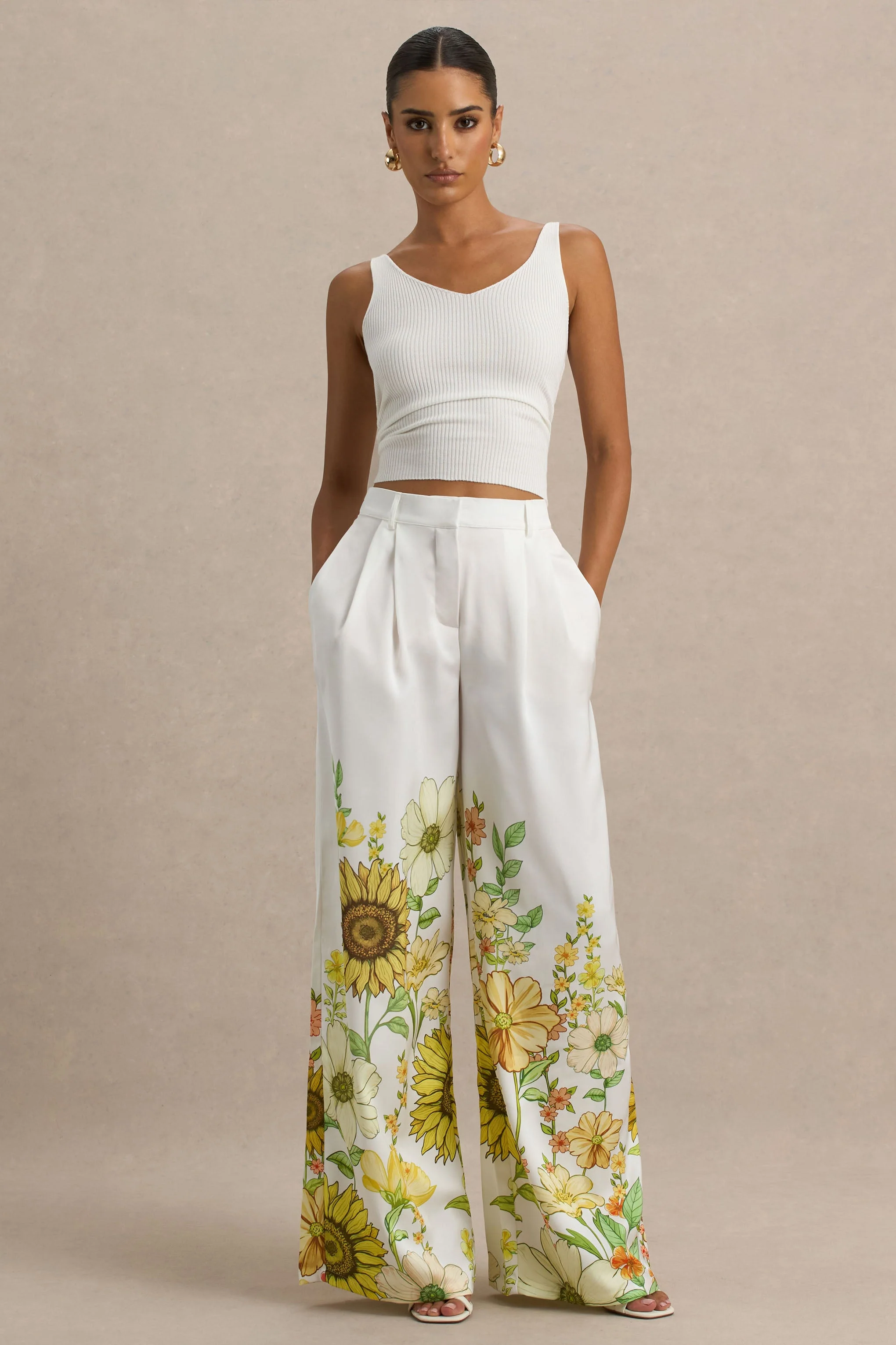Louise | Sunflower Print Wide-Leg Trousers