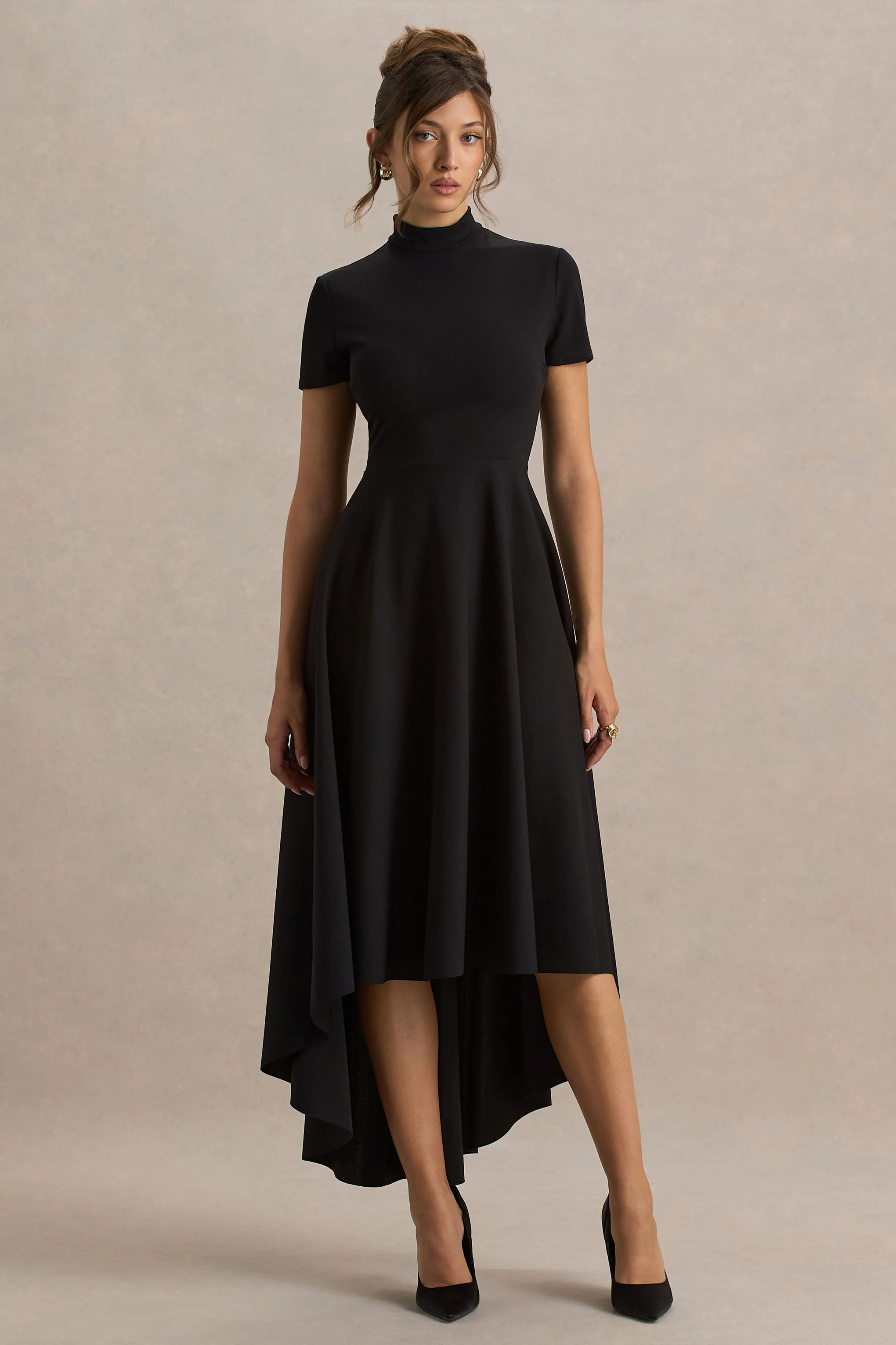 Bellona | Black High-Neck High-Low Midi Dress