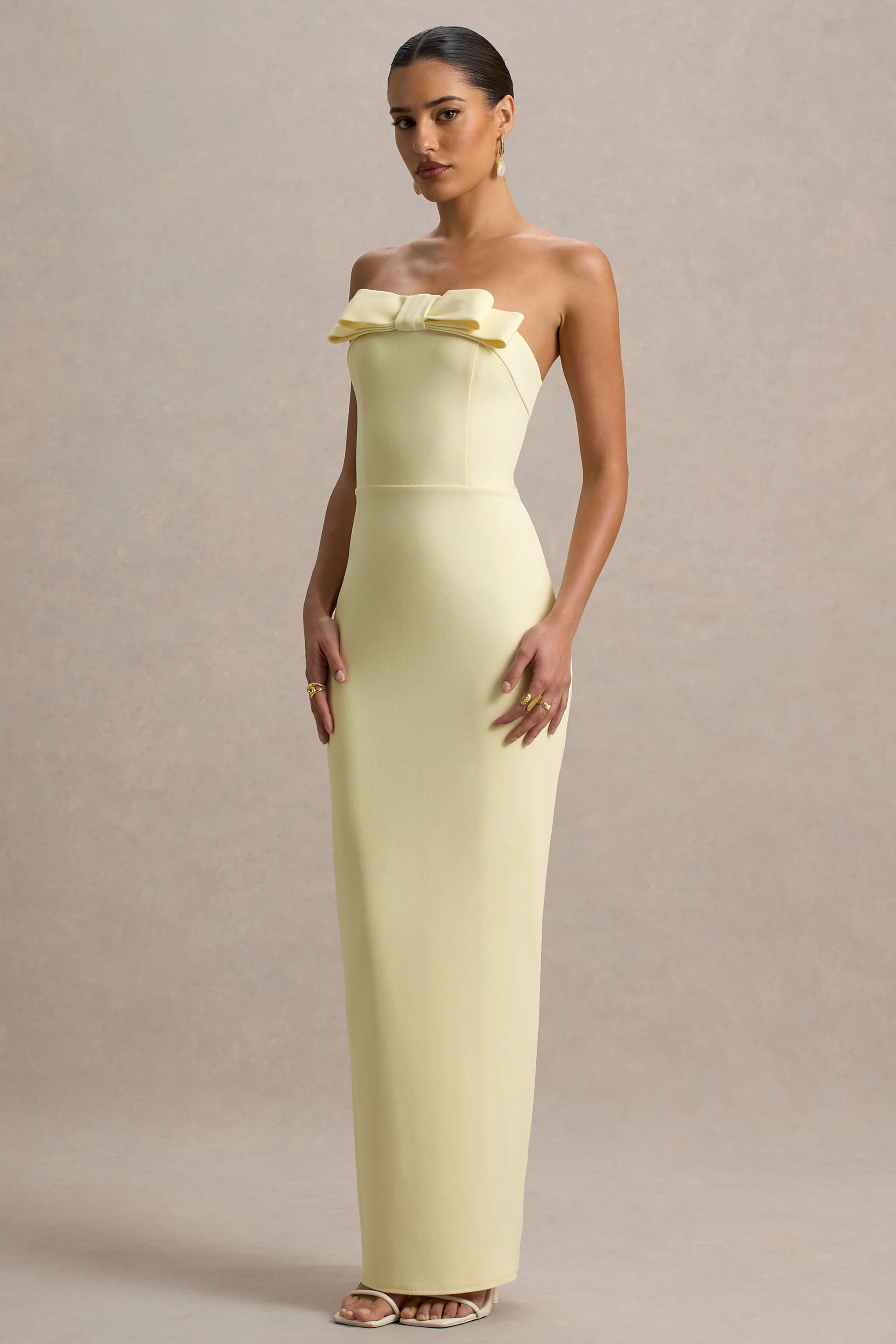 Hallie | Lemon Bandeau Maxi Dress With Bow Detail