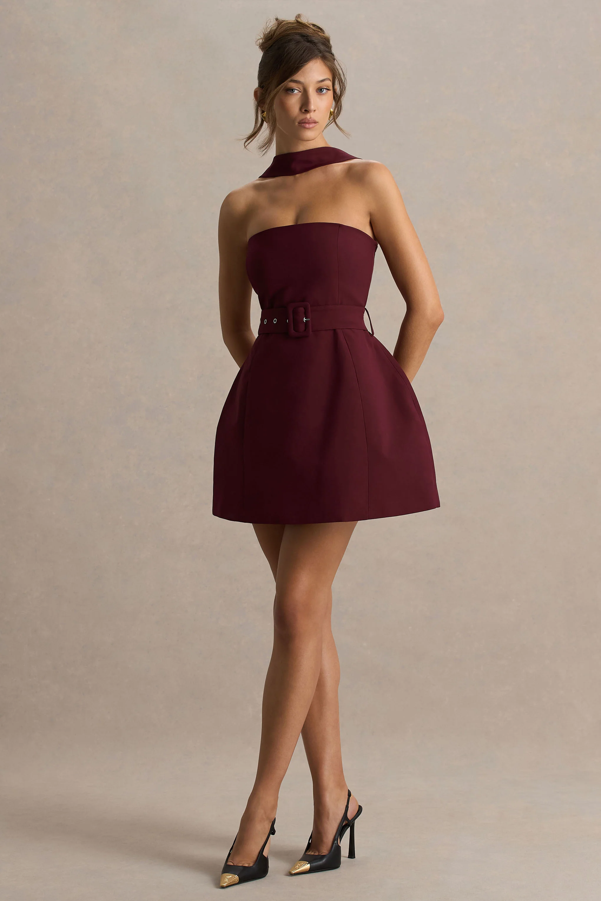 Timberly | Burgundy High-Neck Tailored Micro-Mini Dress