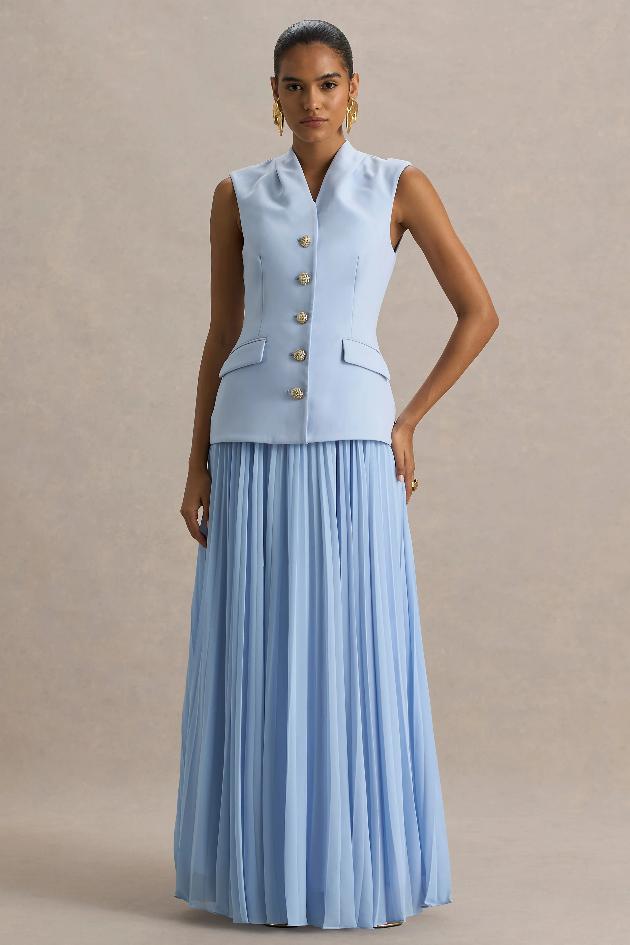 Heavenly | Powder Blue High Neck Maxi Dress With Pleated Detailing