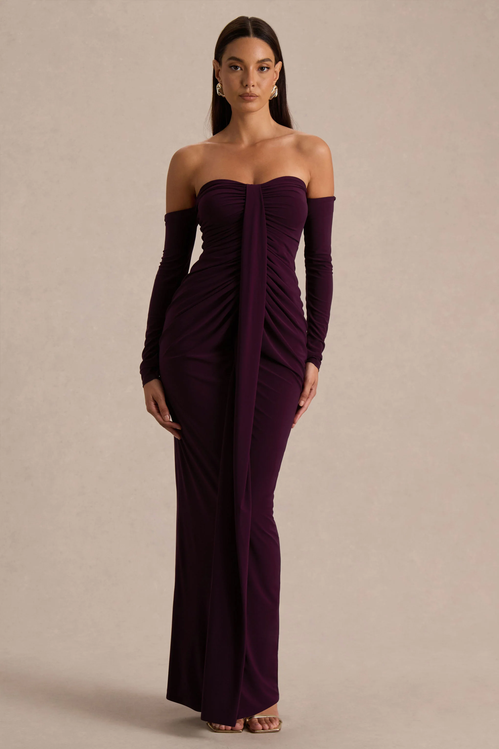 Harper | Plum Bardot-Neck Maxi Dress