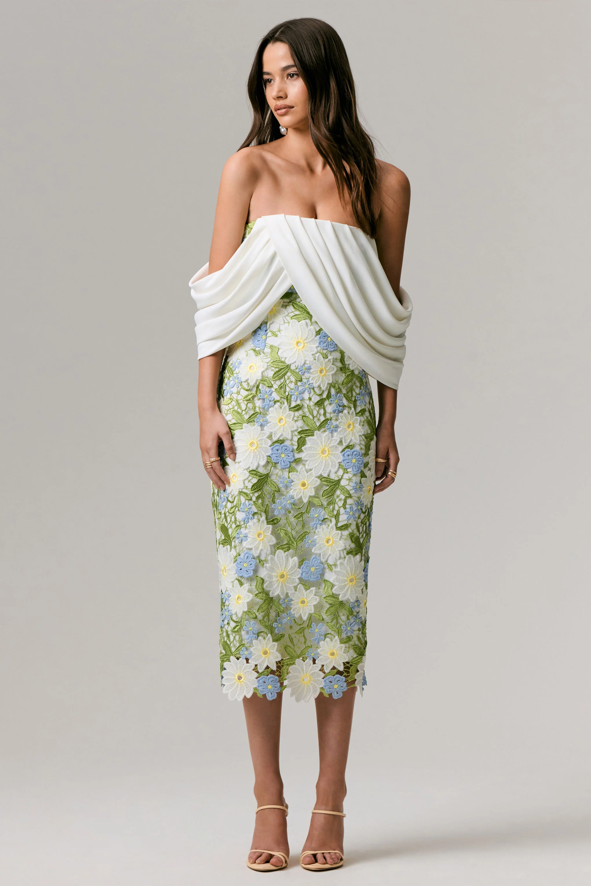 Entitled | Cream Floral Lace Bardot Midi Dress