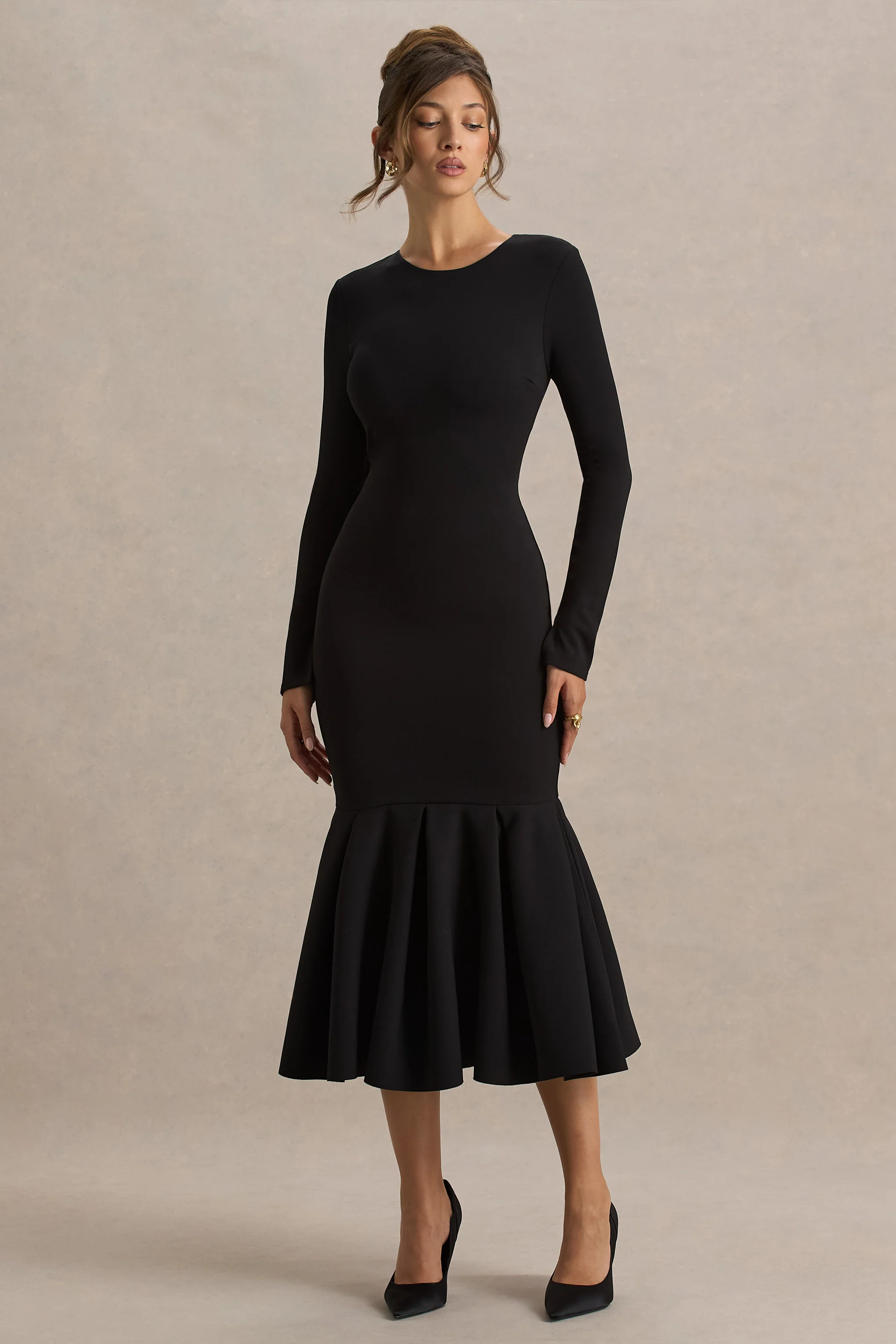 Liberty | Black High Neck Mermaid Maxi Dress With Ruffling Detail