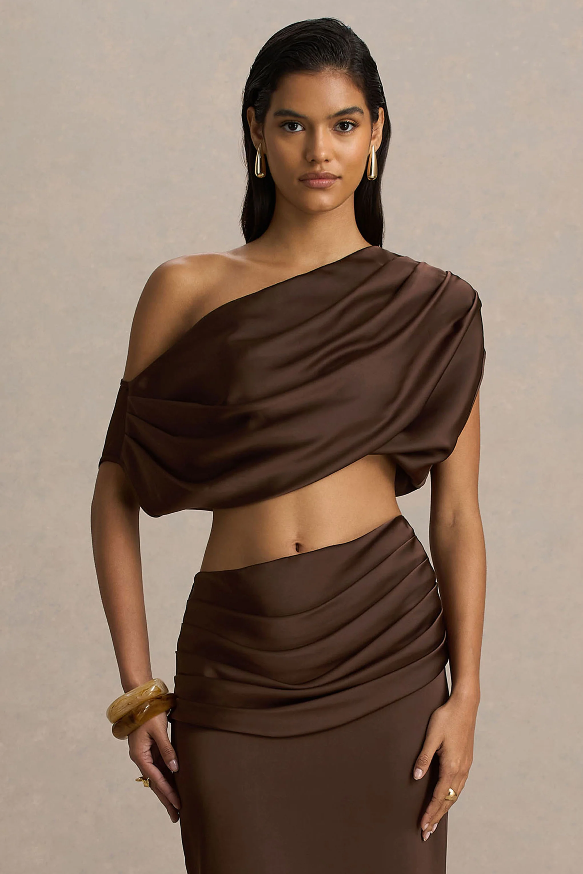 Entrapment | Brown Satin Boat-Neck Crop-Top With Ruched Detailing