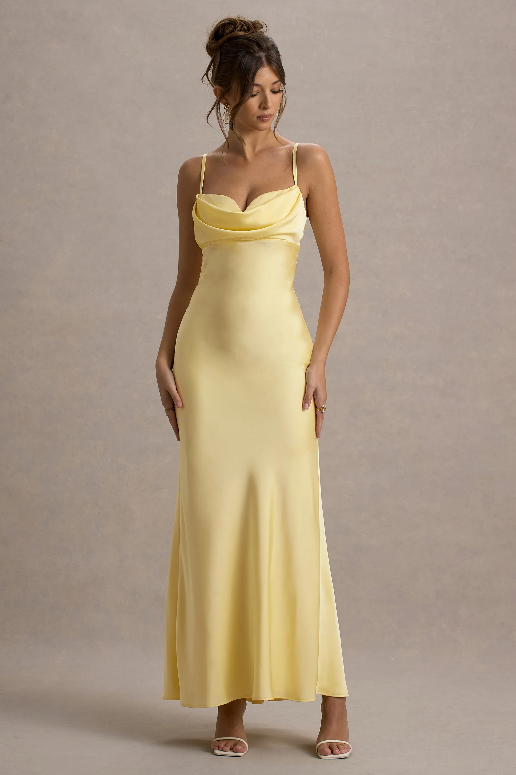 Eimear | Lemon Satin Draped Sweetheart Maxi Dress