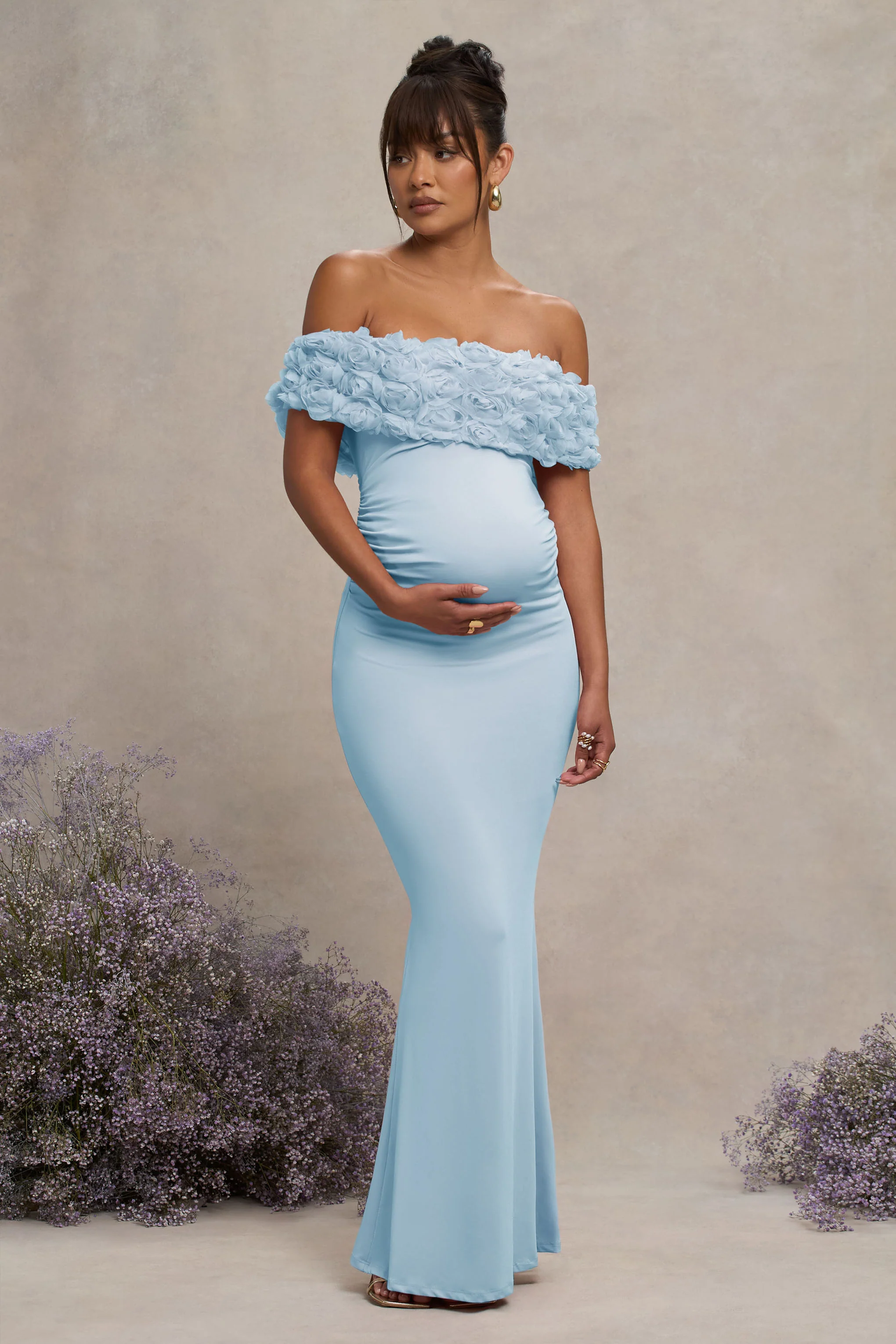Inflorescence | Powder Blue Mesh Floral Bardot Maternity Maxi Dress