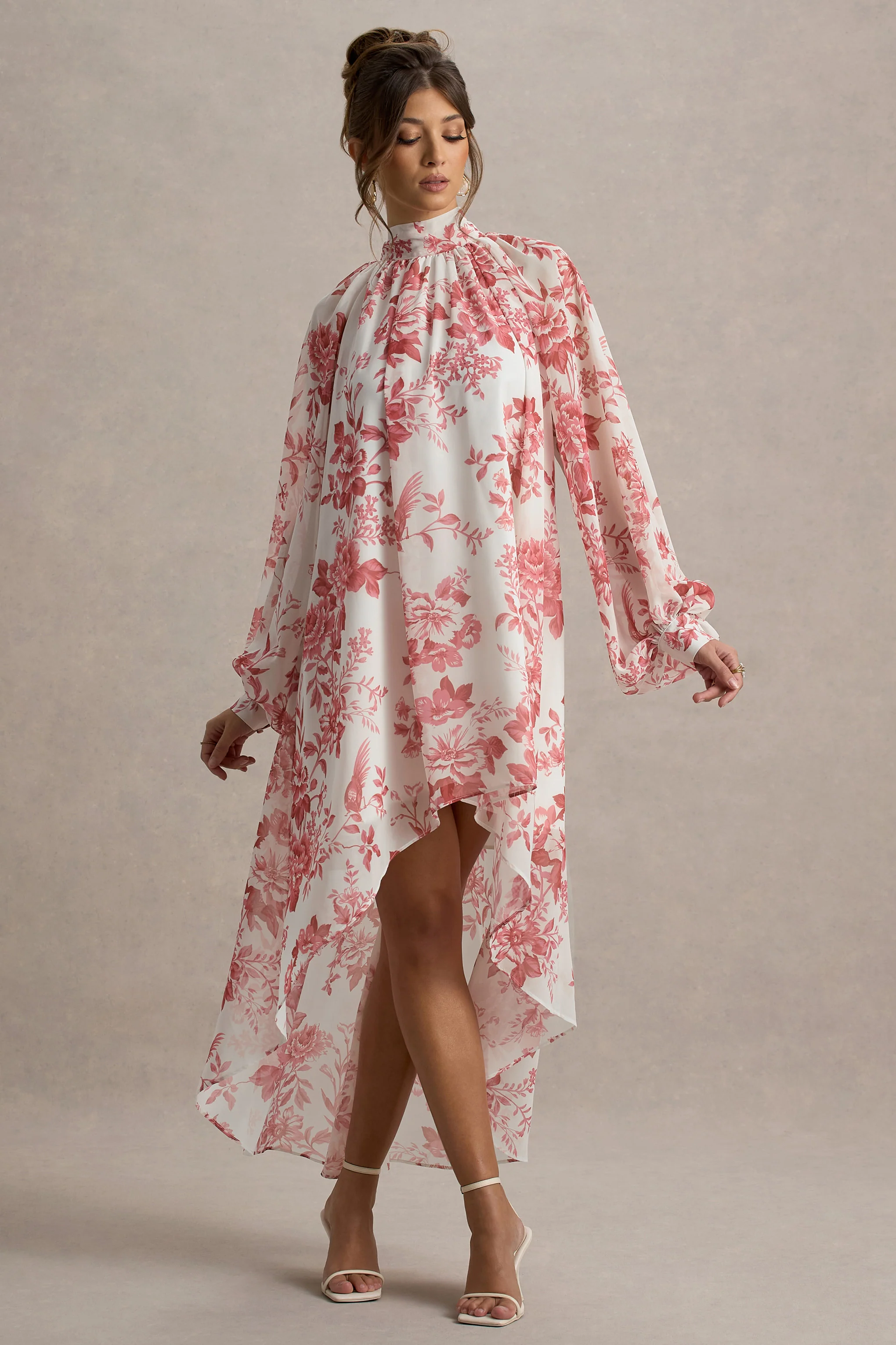 Delphia | Pink Porcelain Print High-Neck Maxi Dress With High-Low Hem