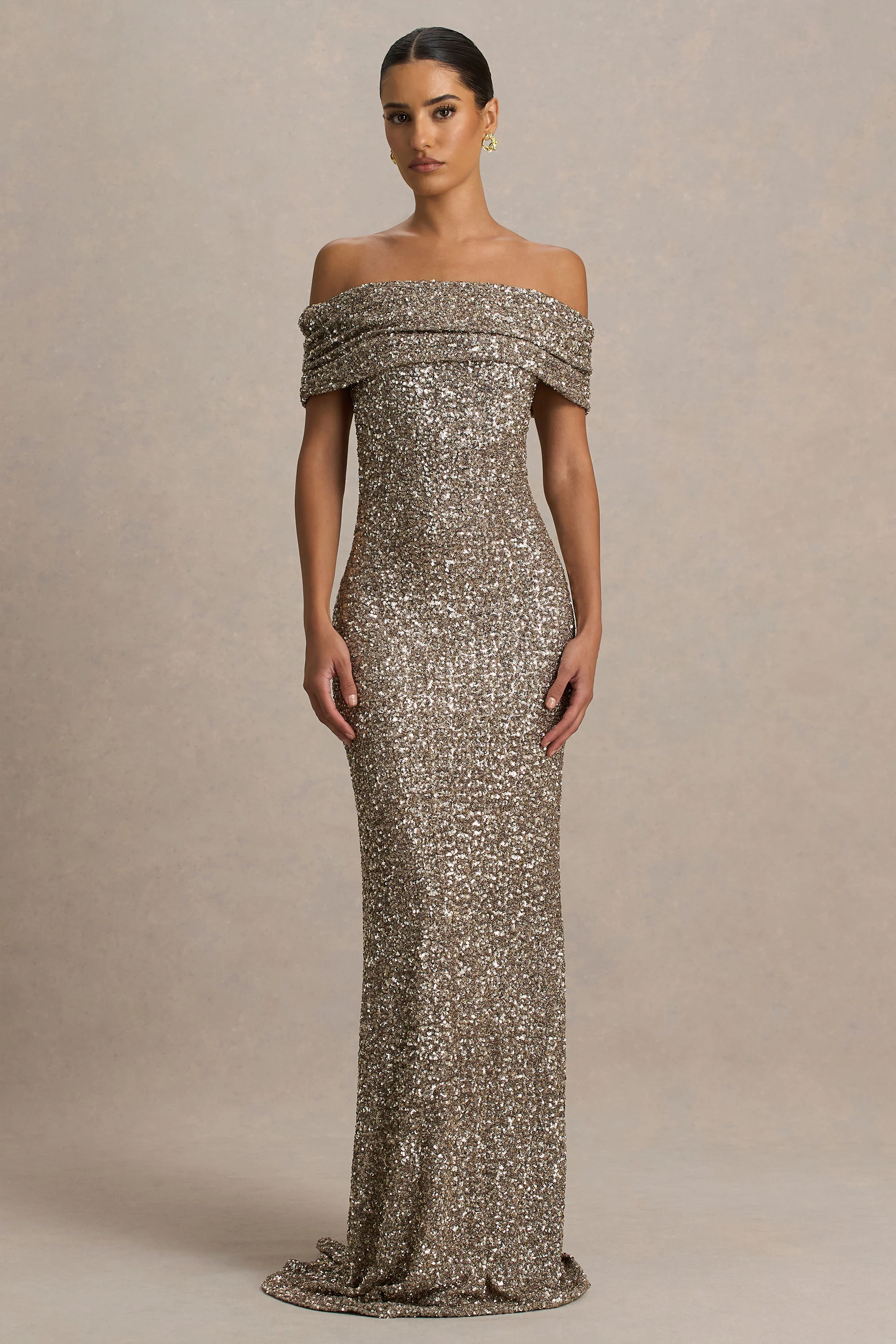 Melina | Champagne Sequin Bardot-Neck Maxi Dress