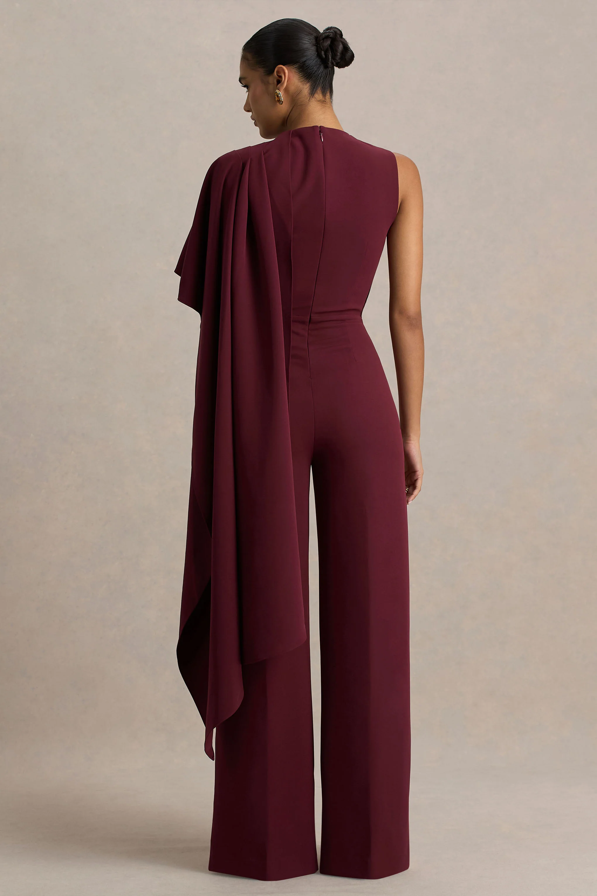 Sorenia | Burgundy High-Neck Jumpsuit With One-Cape Sleeve