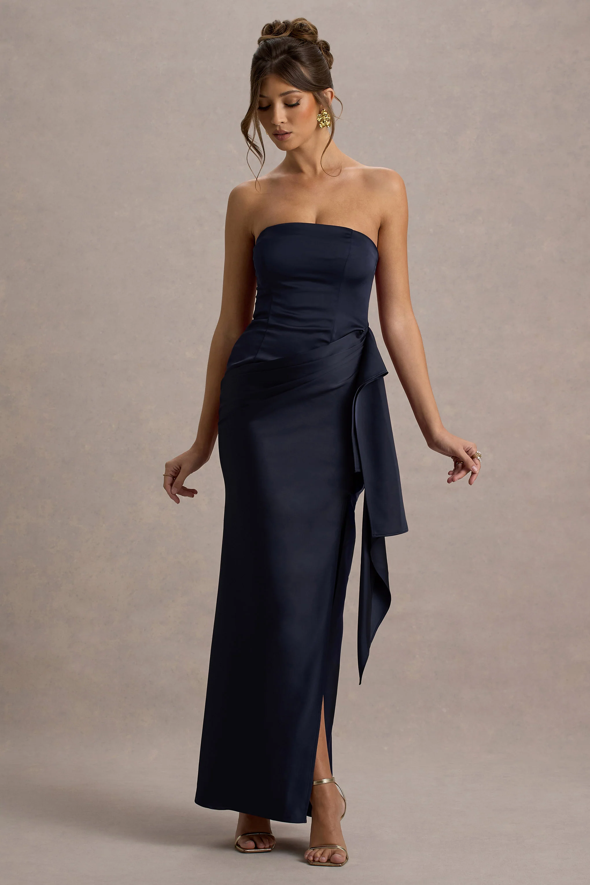 Loz | Navy Satin Bandeau Draped Maxi Dress
