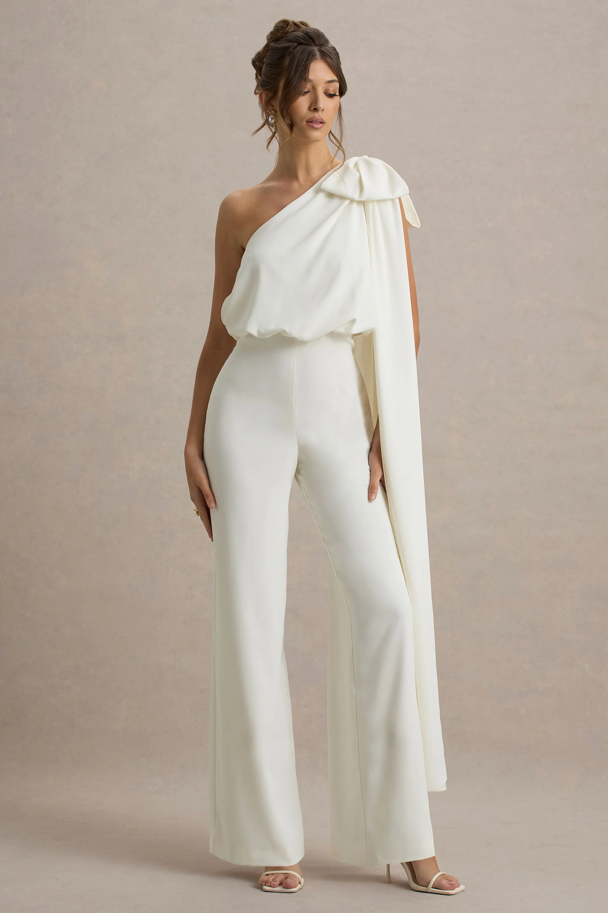 Alice | Cream Asymmetric Bow Shoulder Jumpsuit With Drape