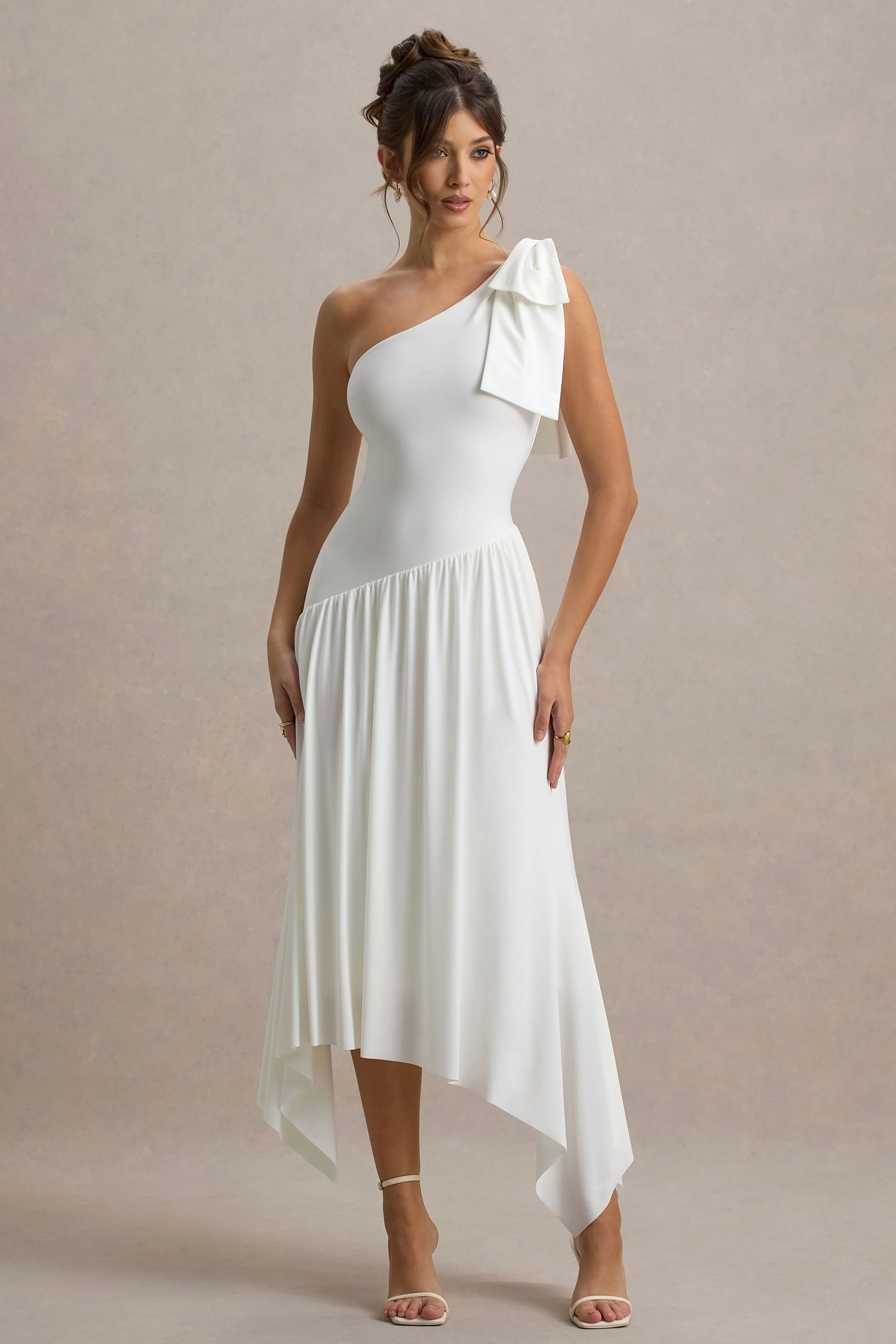 Lotus Love | White One-Shoulder Hanky-Hem Maxi Dress With Bow