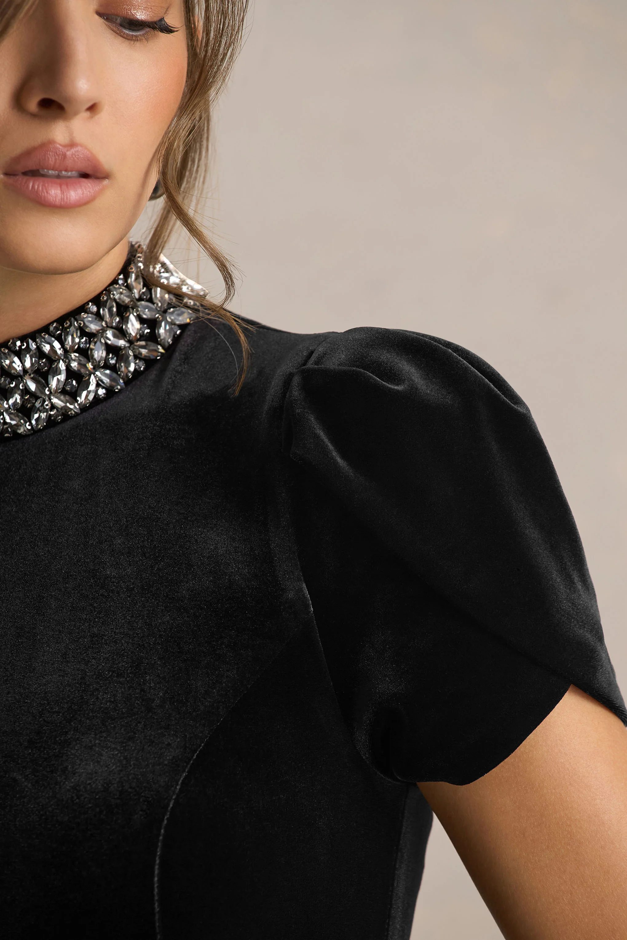 Margot | Black High-Neck Velvet Mini Dress With Embellished Detail