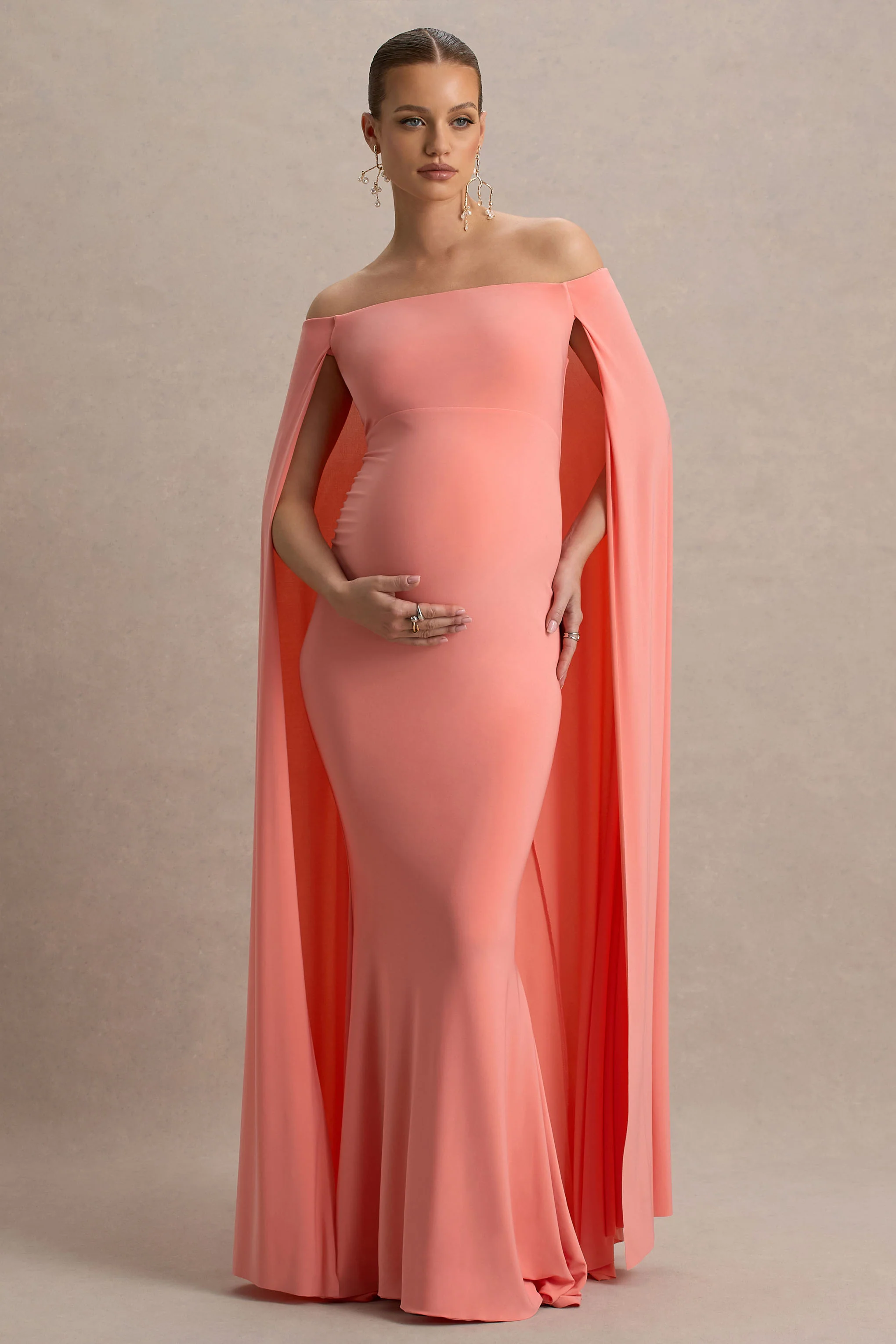 Radiance | Coral Bardot Maternity Maxi Dress With Cape