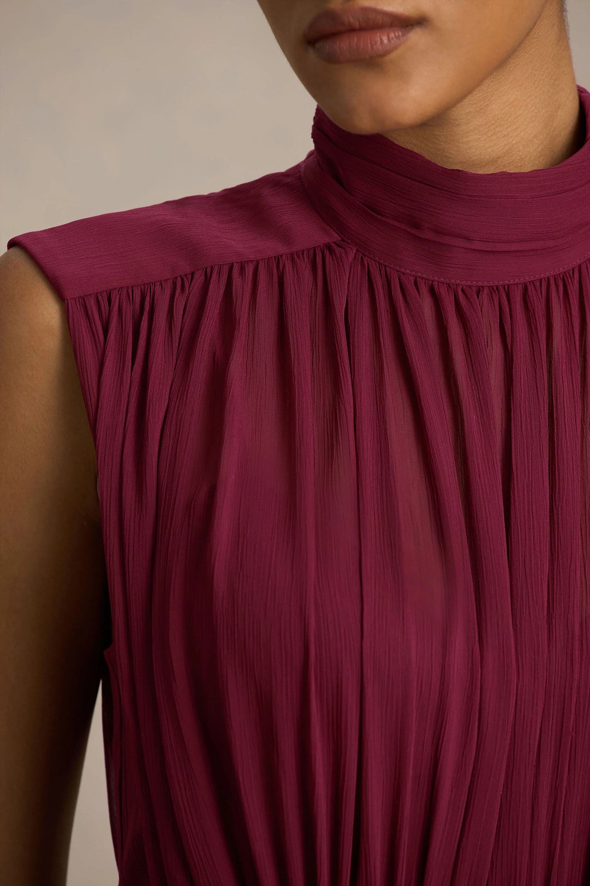 Melanina | Burgundy High-Neck Maxi Dress With Ruched Detailing
