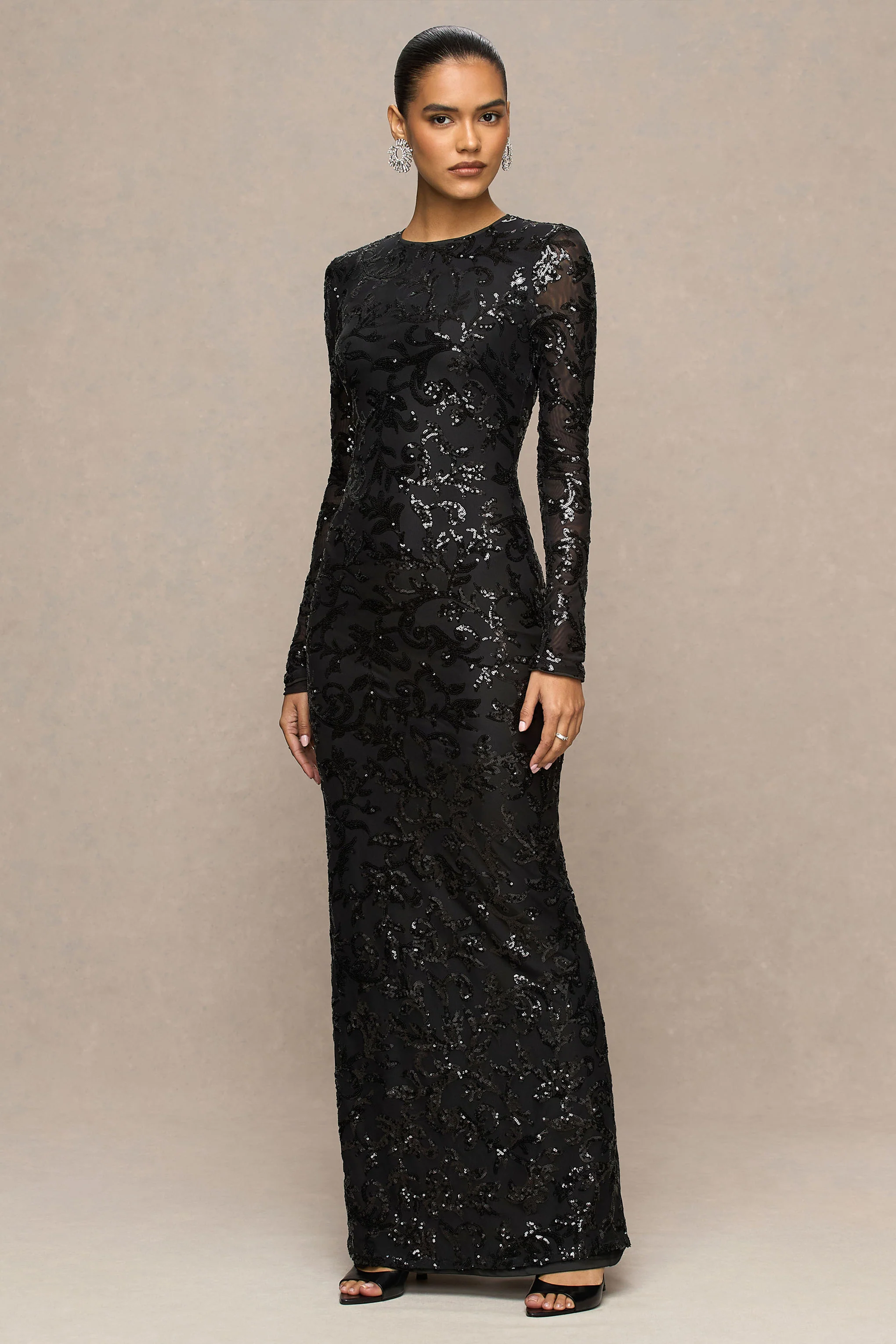 Stellar | Black Embellished Lace High-Neck Maxi Dress With Long Sleeves