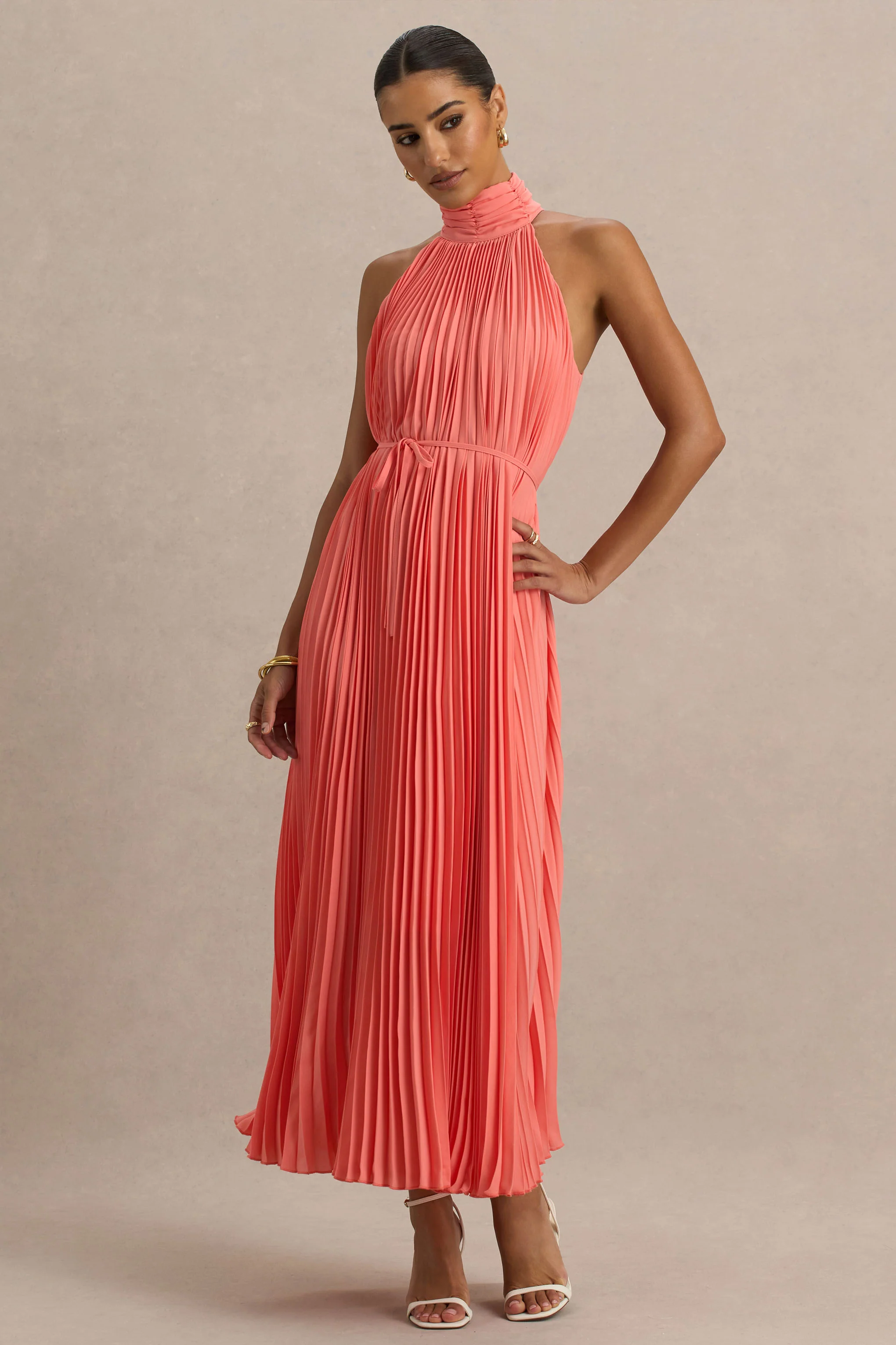 Tulip | Coral Pleated High-Neck Midi Dress