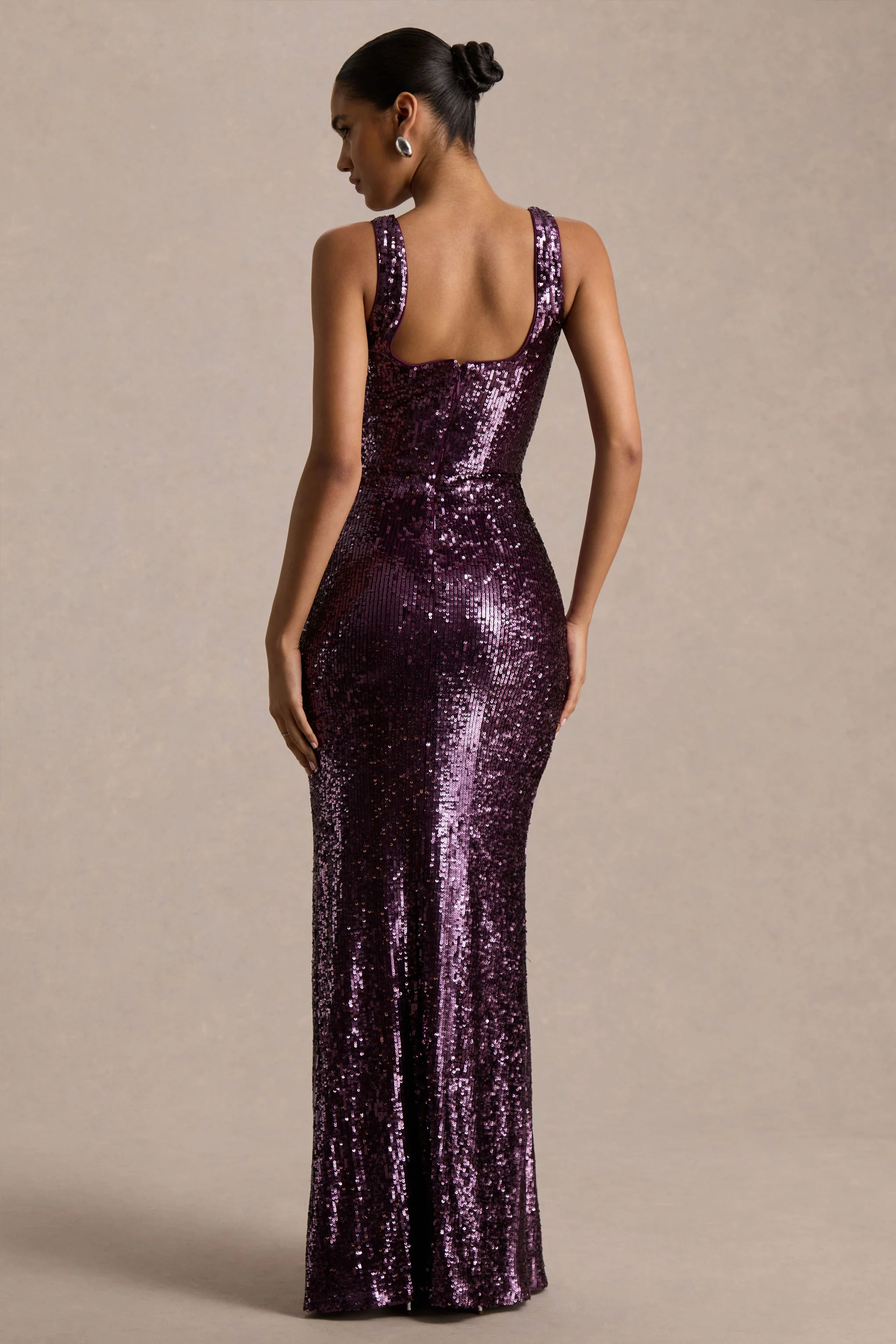High Life | Plum Sequin Square-Neck Maxi Dress With Front-High Split