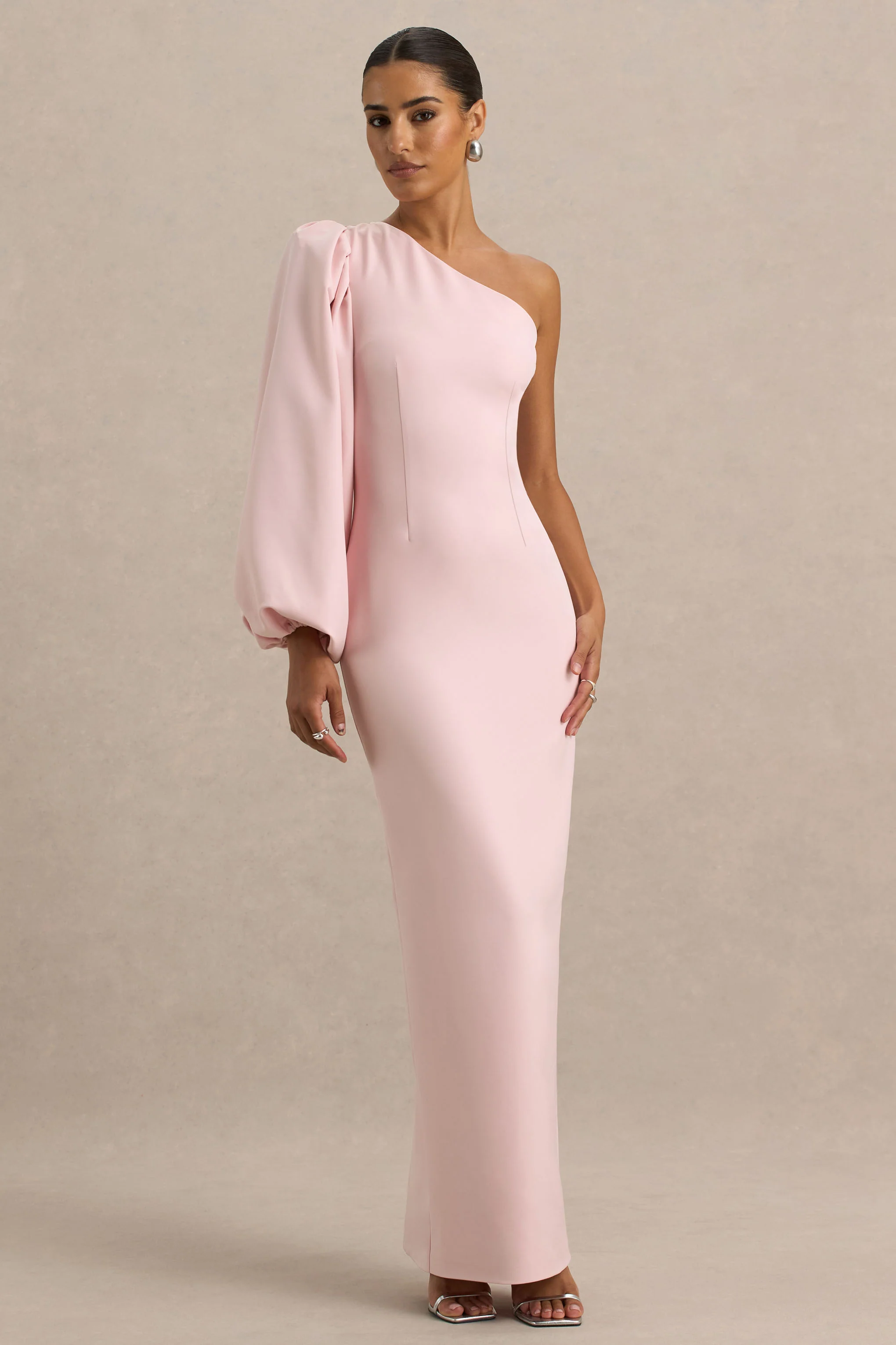 Kellis | Pink Asymmetric Maxi Dress With Balloon Sleeve
