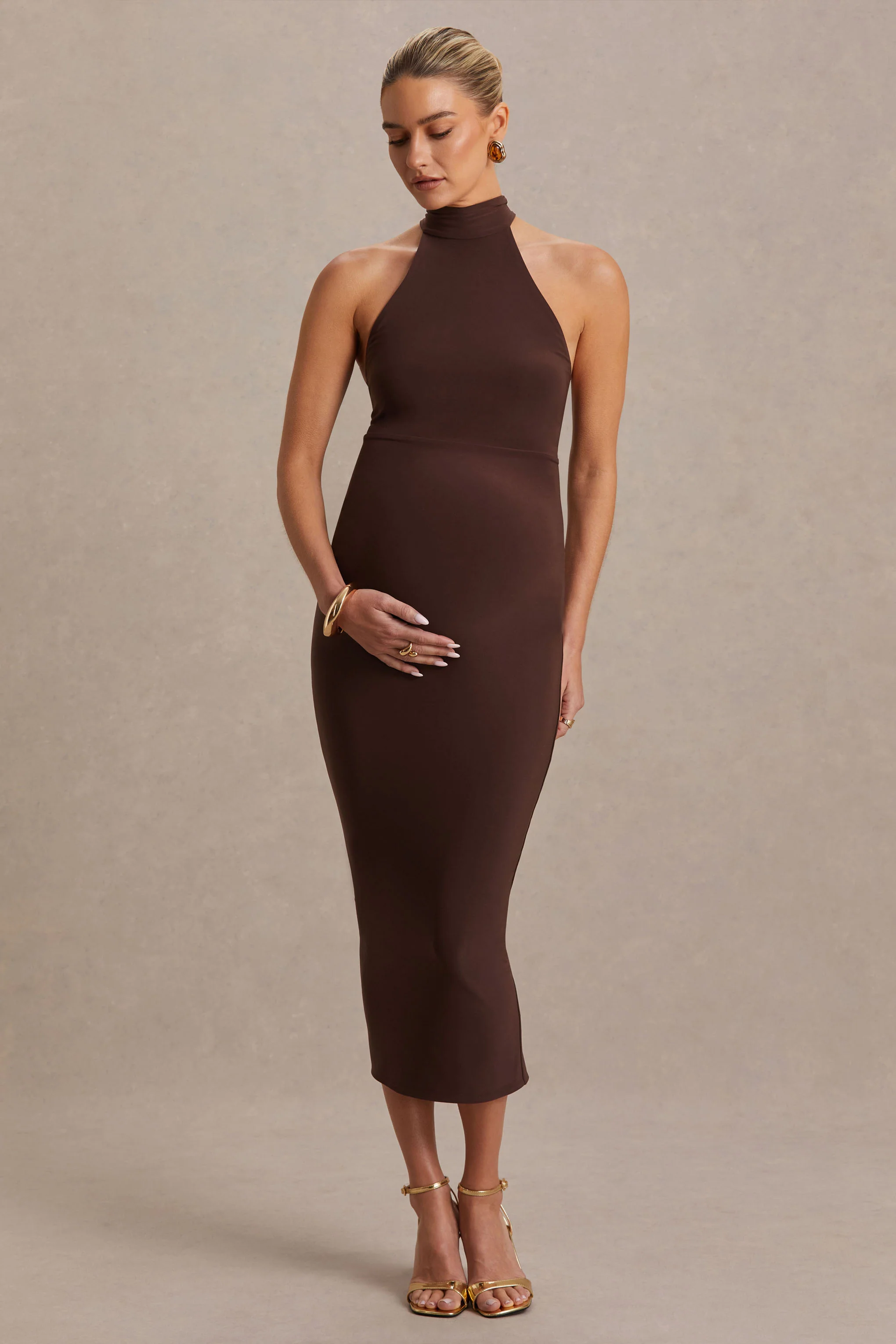 Mireille | Brown Halter-Neck Maternity Midi Dress