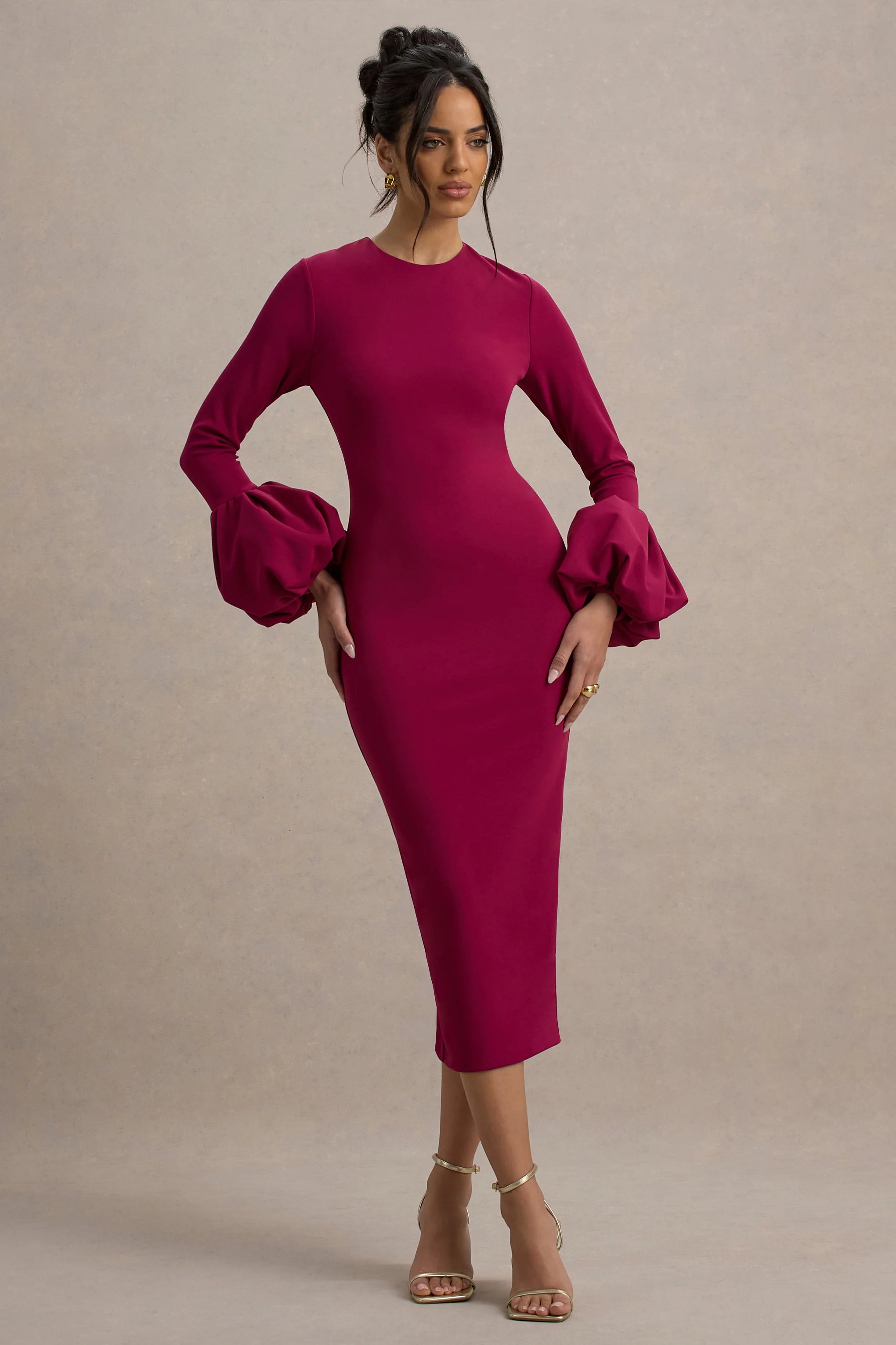 Celie | Mulberry Long-Sleeve Midi Dress With Puff Cuffs