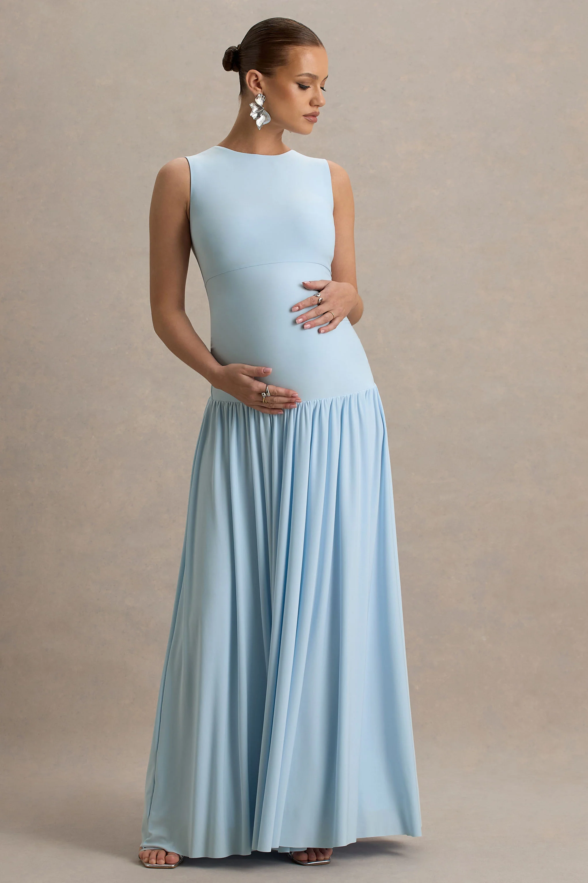 Outline | Powder Blue Maternity Maxi Dress With Draped Skirt