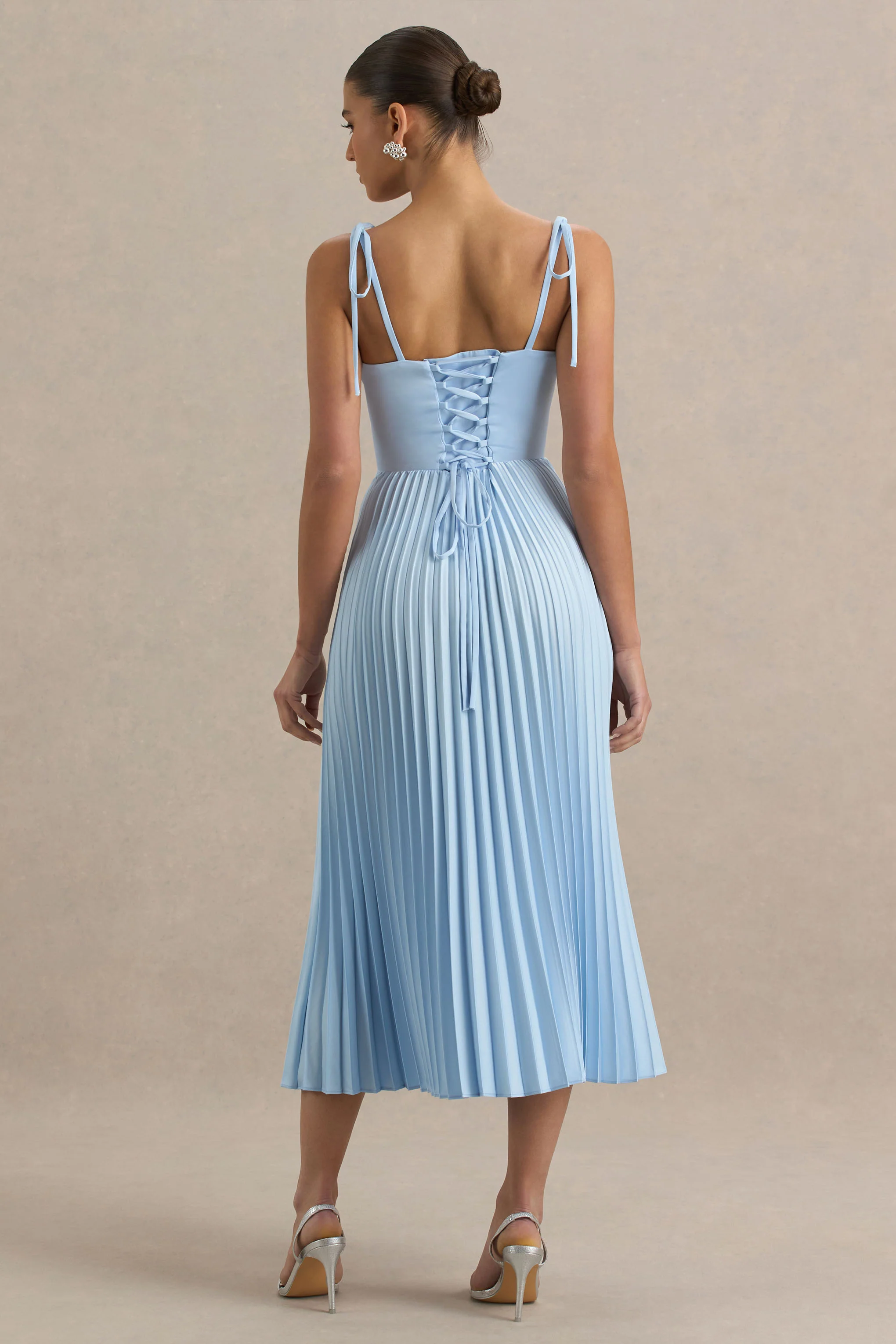Peyton | Powder Blue Satin Sweetheart-Neck Midi Dress With Pleated Details