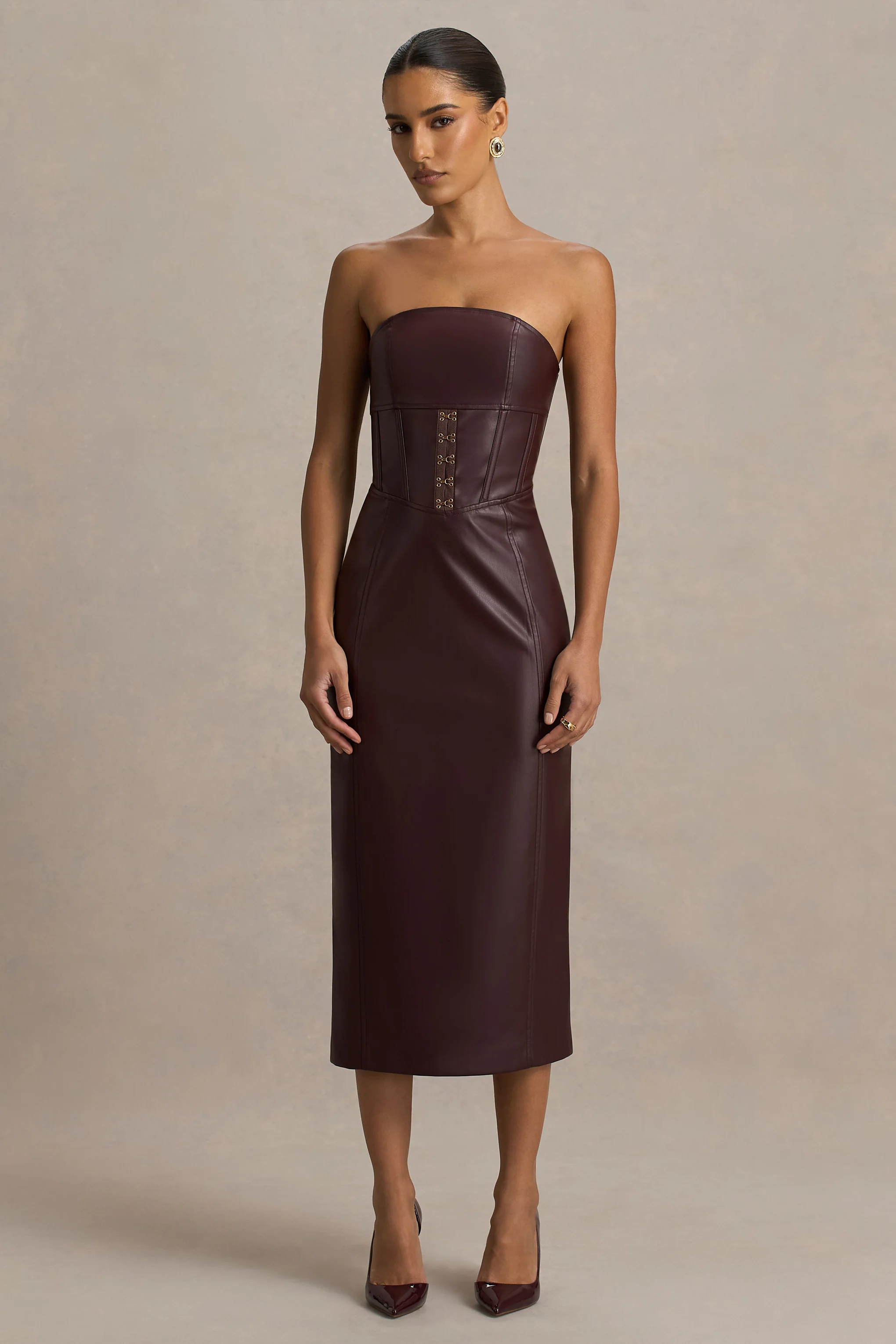 Zola | Burgundy Faux Leather Bandeau Midi Dress