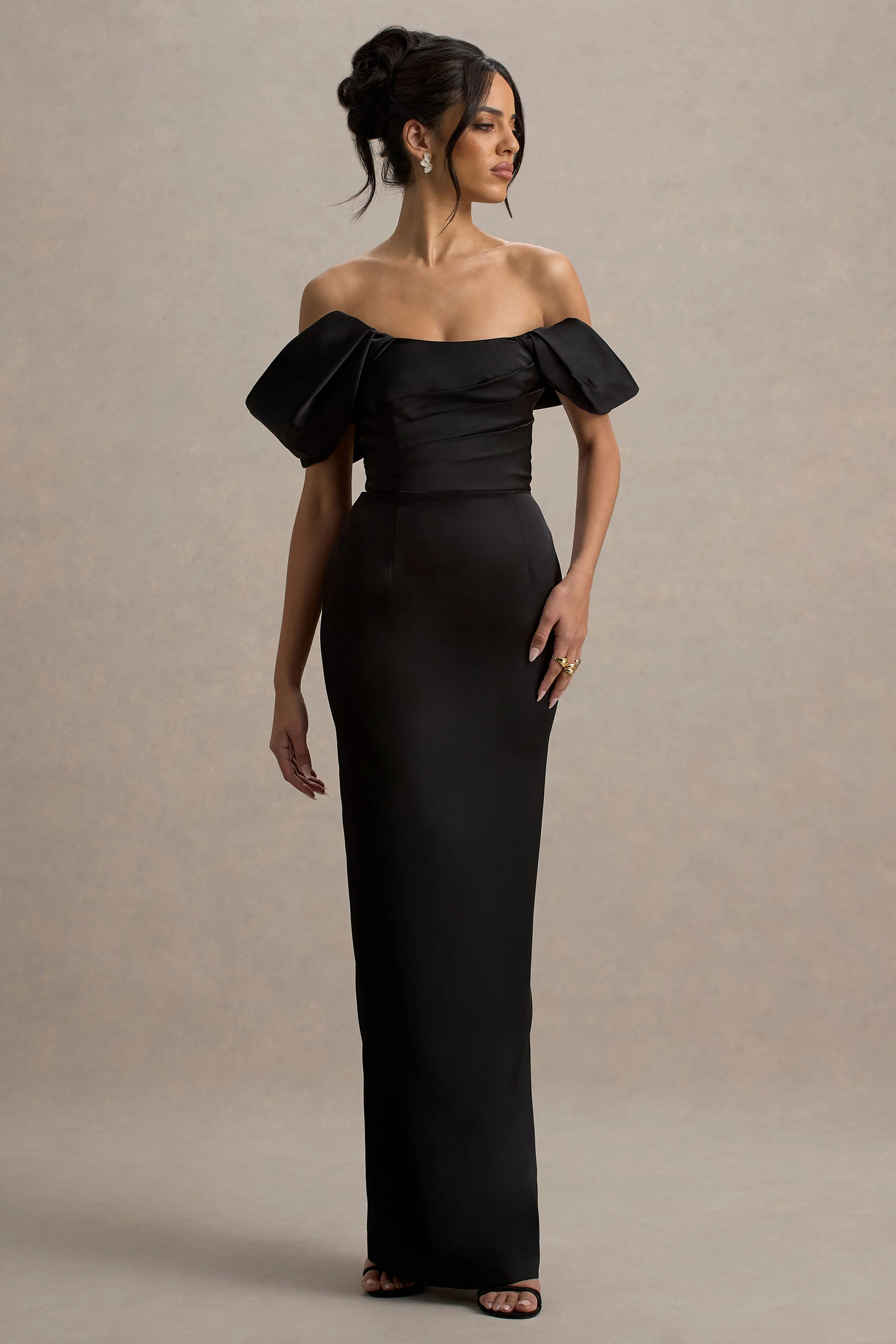 Annita | Black Satin Bardot Maxi Dress