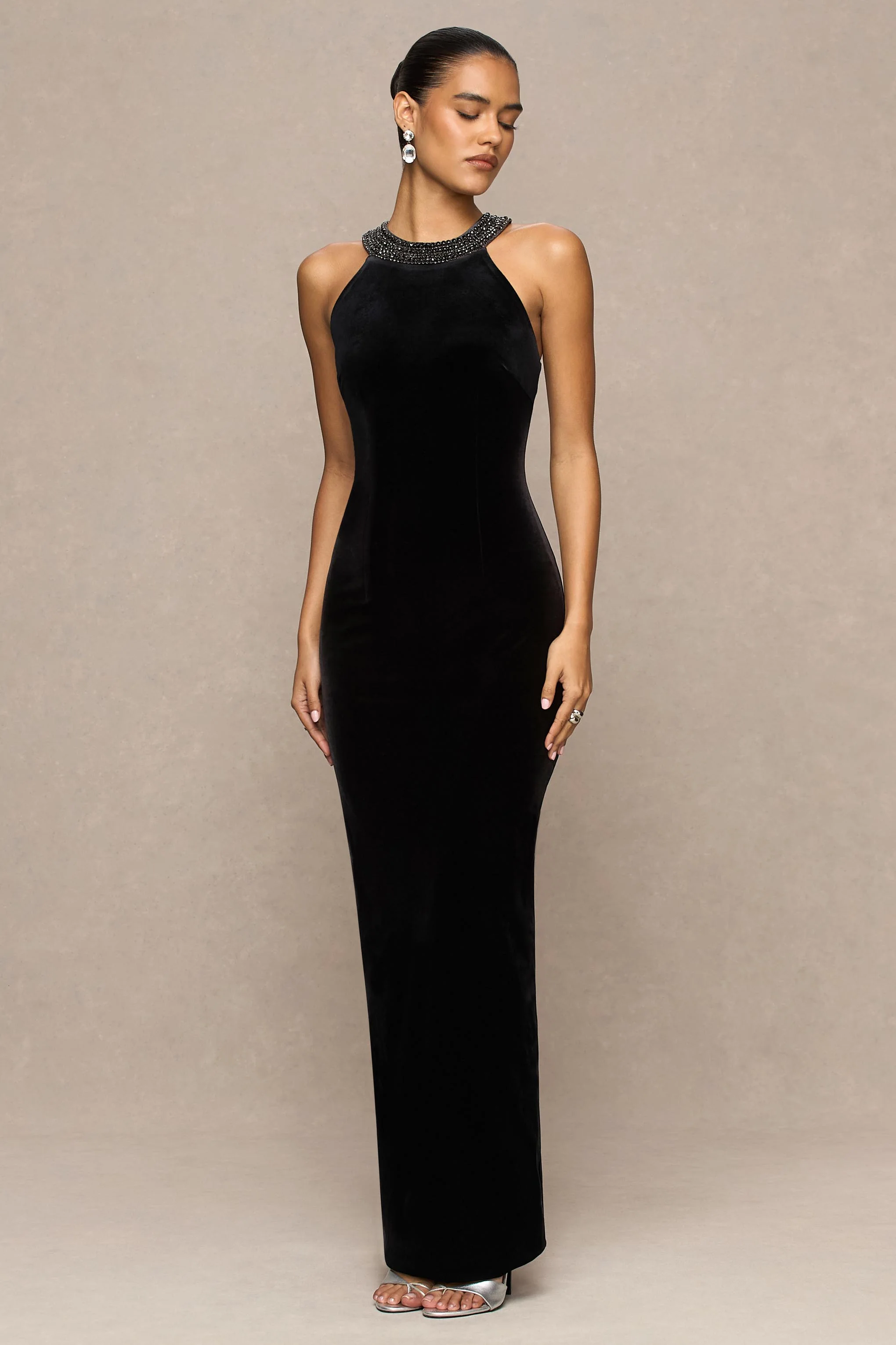 Darya | Black Velvet Embellished High-Neck Maxi Dress