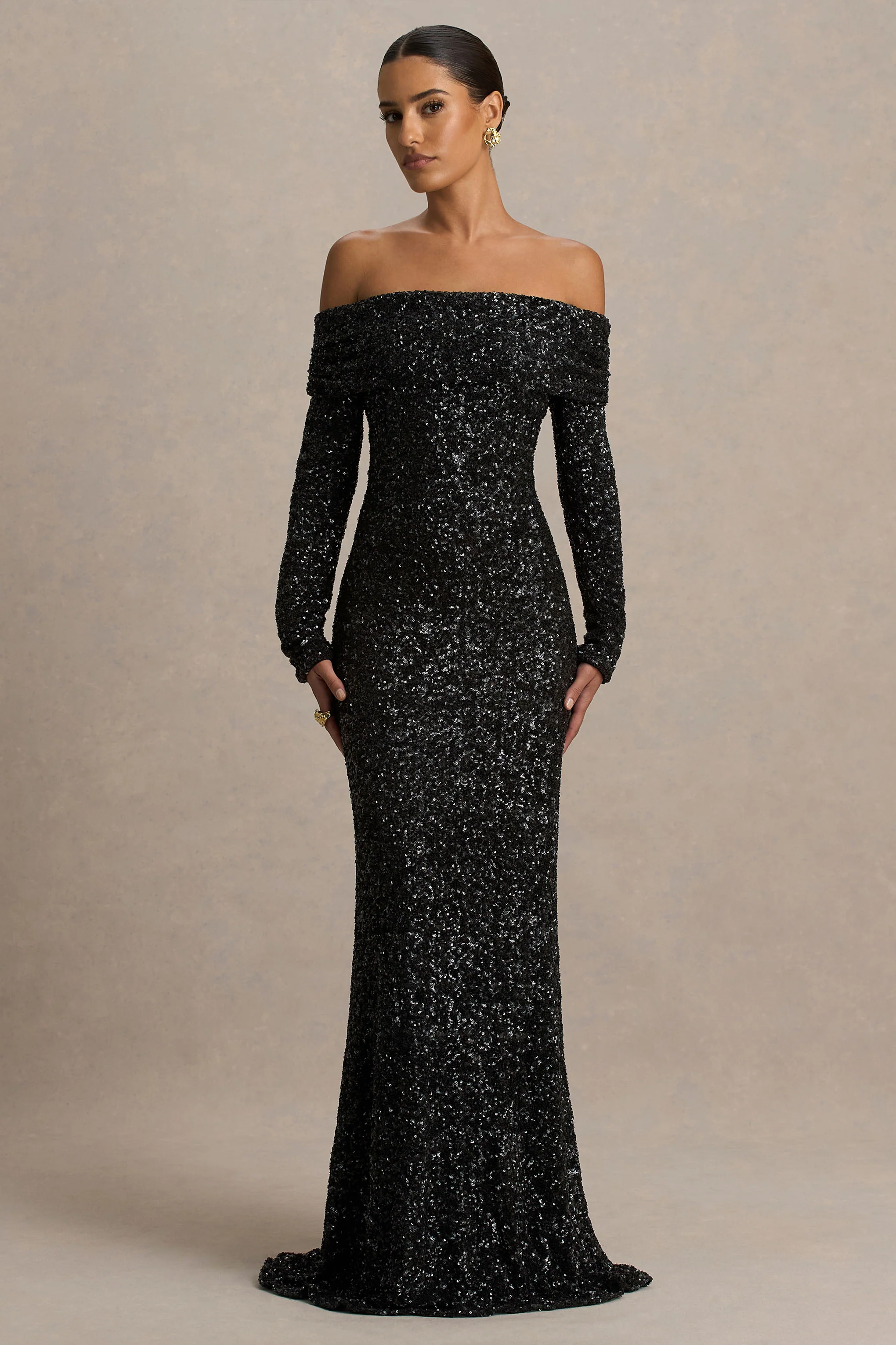 Obsession | Black Sequin Bardot-Neck Maxi Dress With Long Sleeves