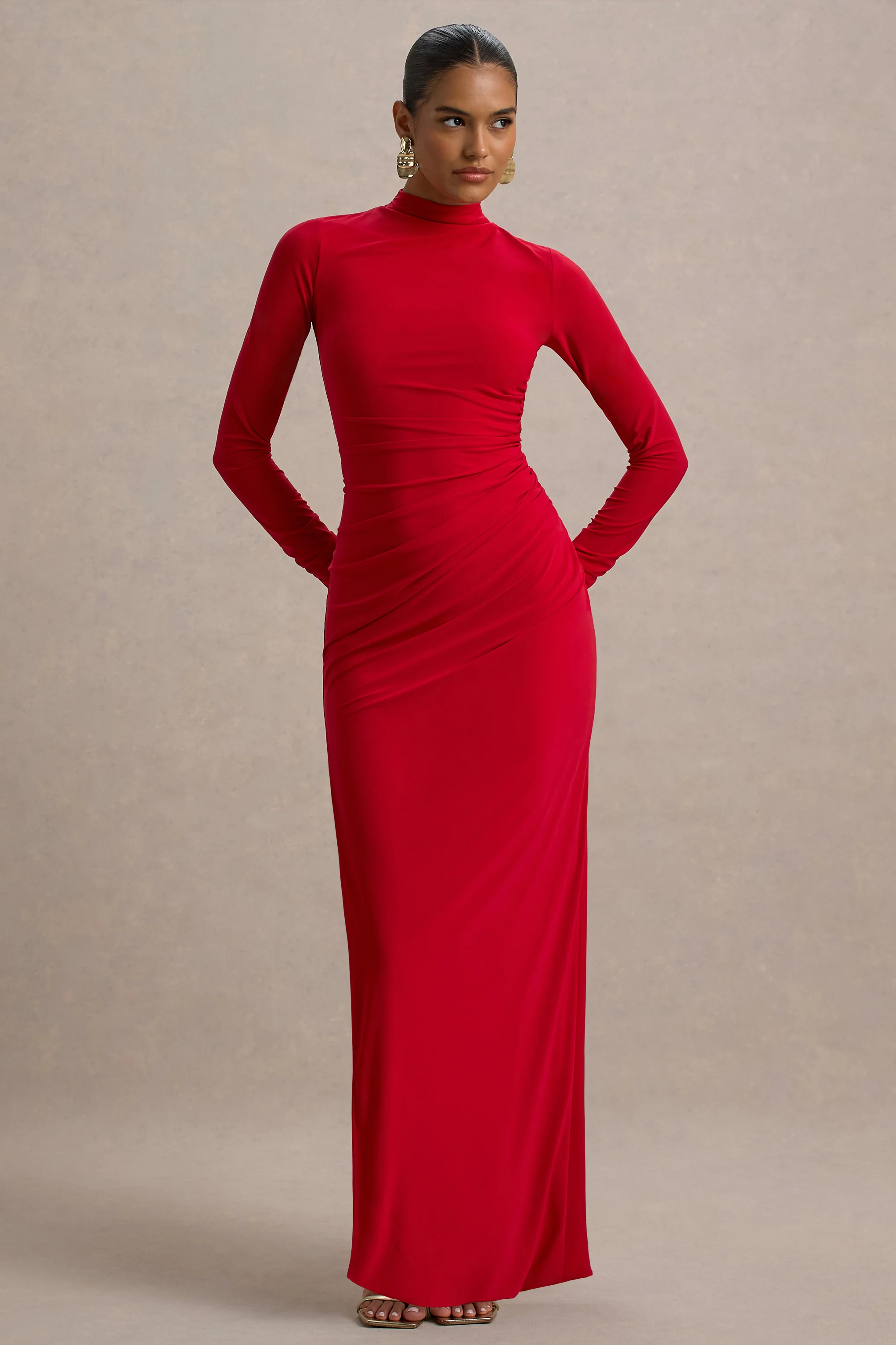 Alluring | Red High Neck Maxi Dress With Ruched Detailing
