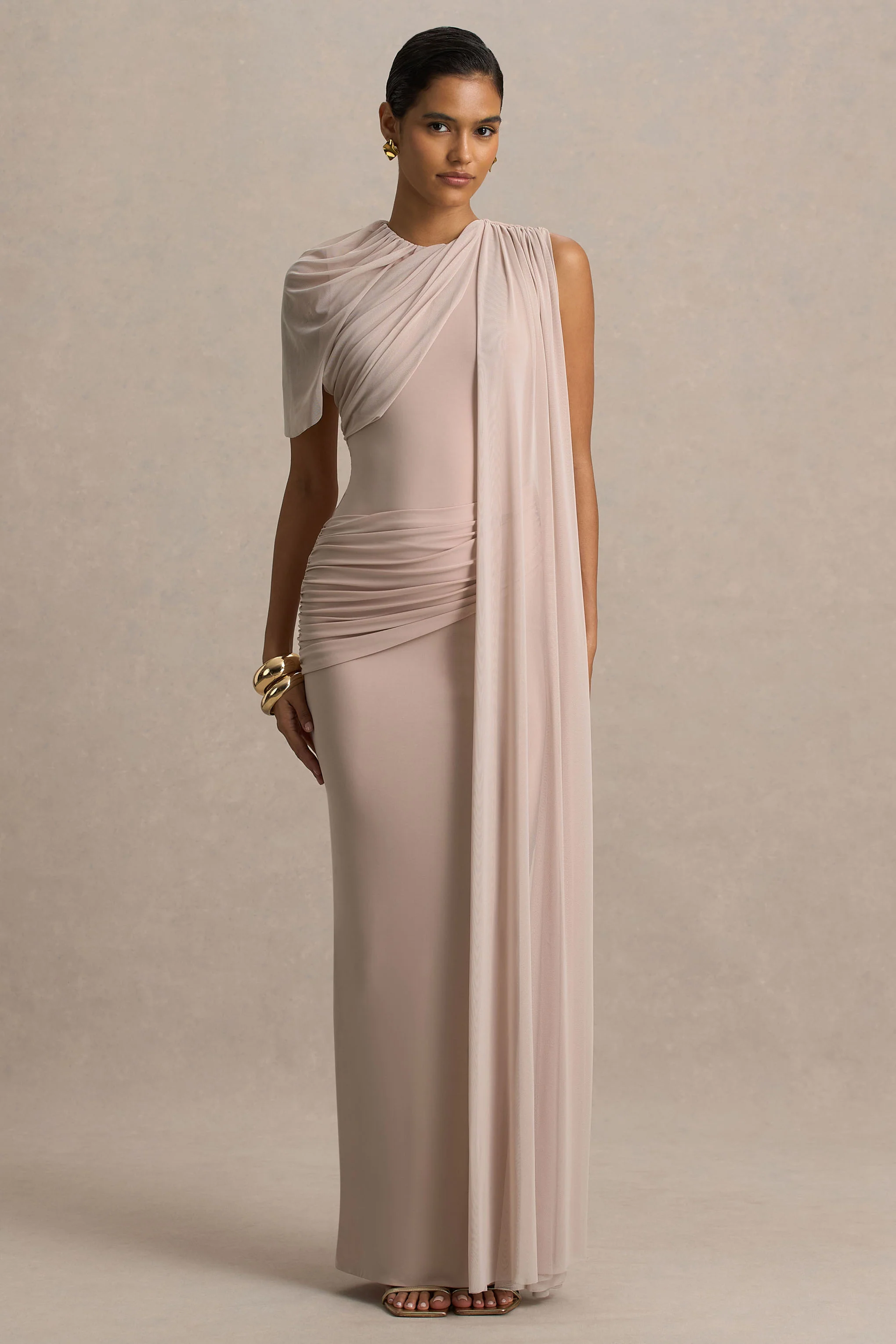 Brenda | Champagne Maxi Dress With Mesh Cape And Sash