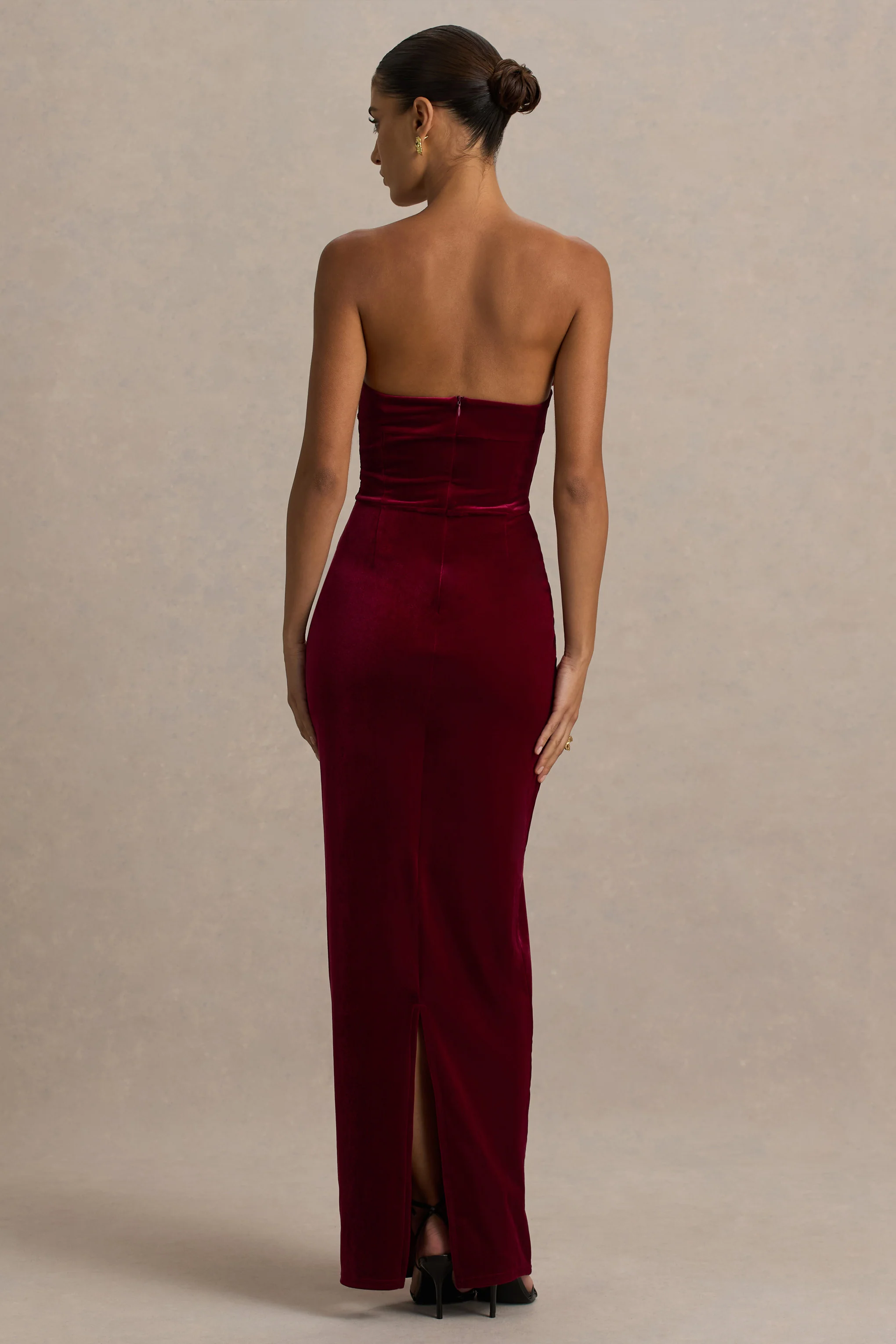 Illusion | Burgundy Velvet Bandeau Maxi Dress With Bow Detail