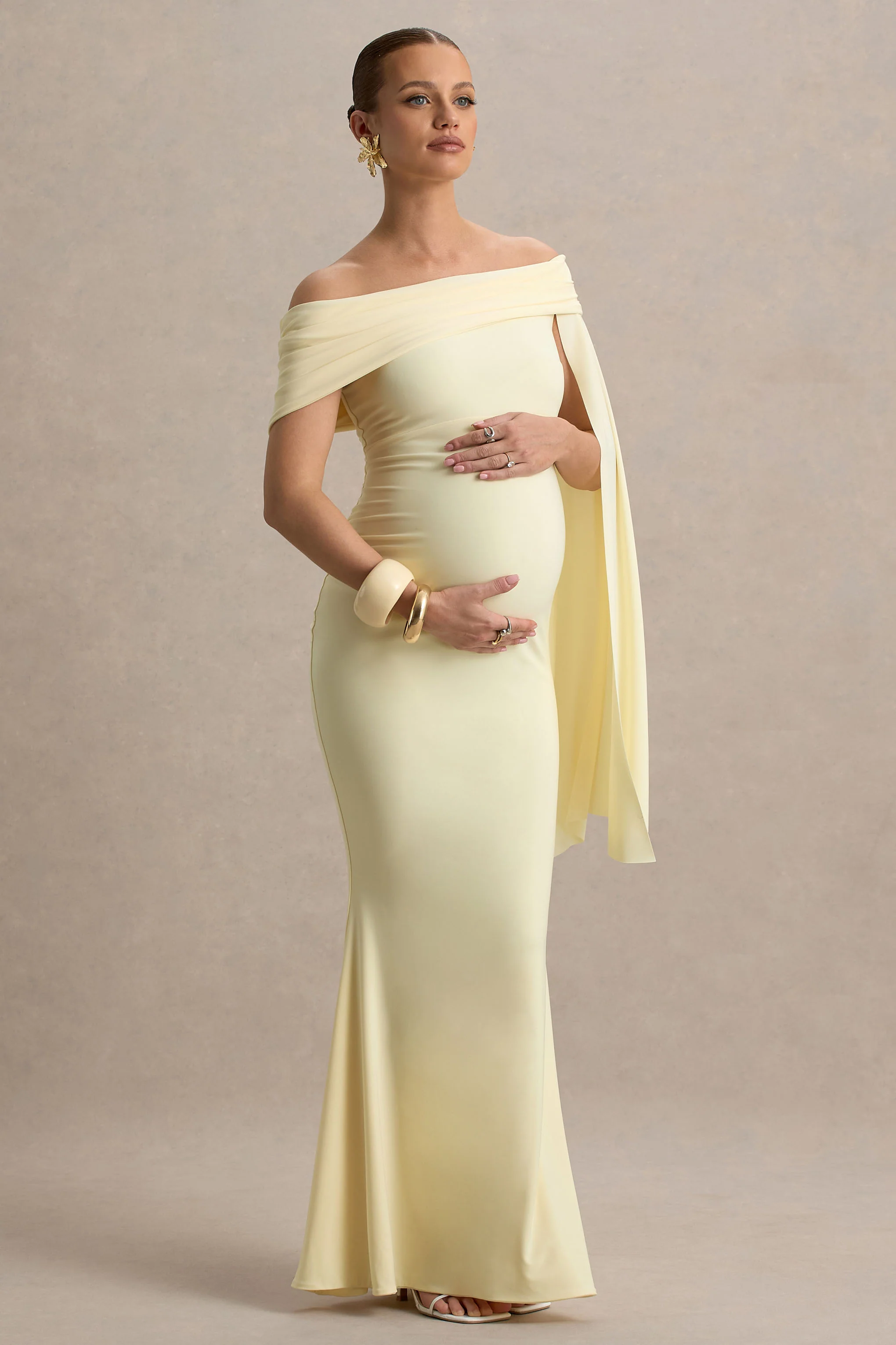 Aquila | Lemon Bardot Maternity Maxi Dress With Drape Sleeve