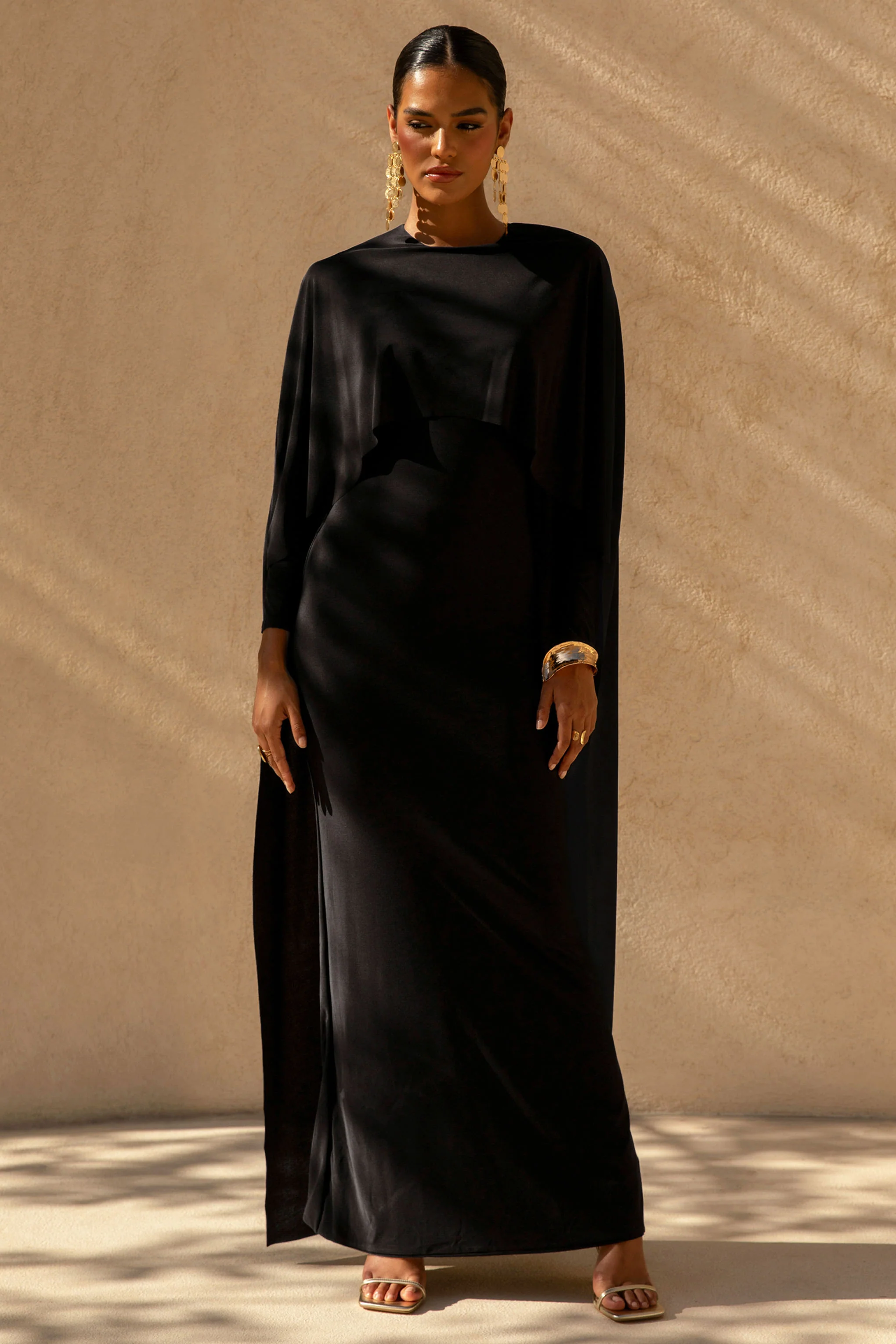 Belinda | Black Draped Maxi Dress With Cape Sleeves